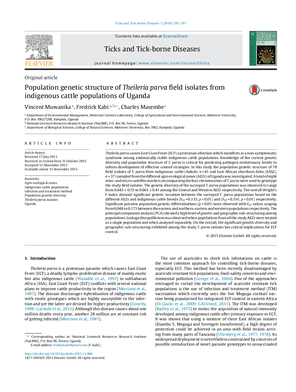 Population genetic structure of Theileria parva field isolates from indigenous cattle populations of Uganda