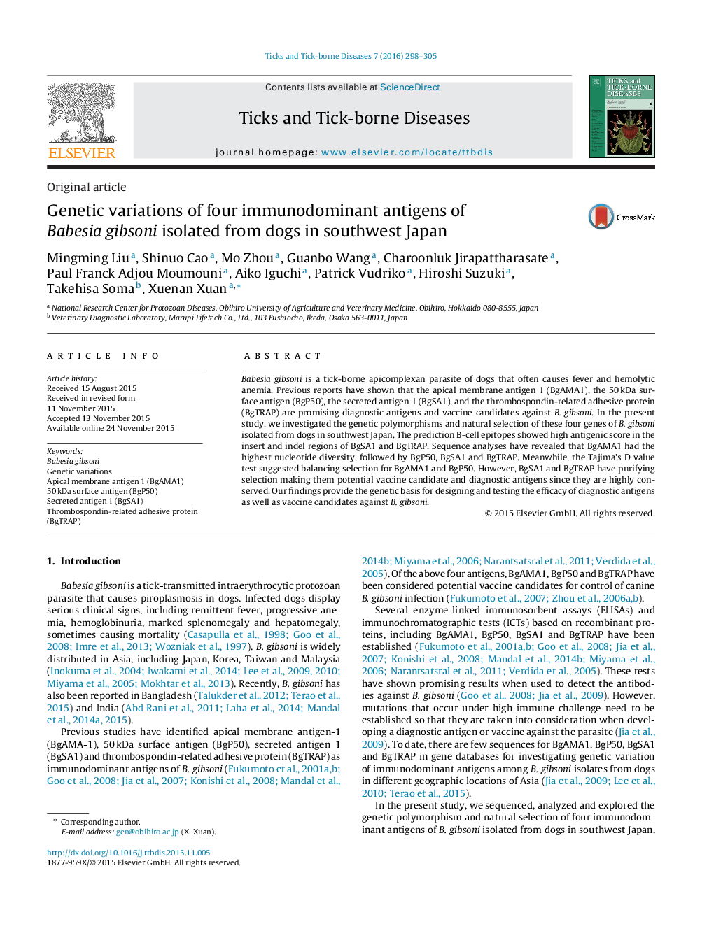 Genetic variations of four immunodominant antigens of Babesia gibsoni isolated from dogs in southwest Japan