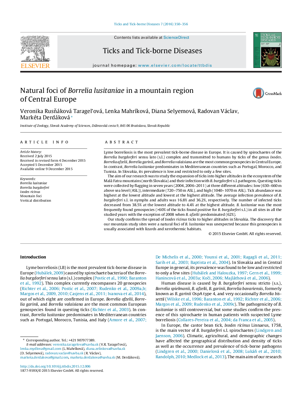 Natural foci of Borrelia lusitaniae in a mountain region of Central Europe