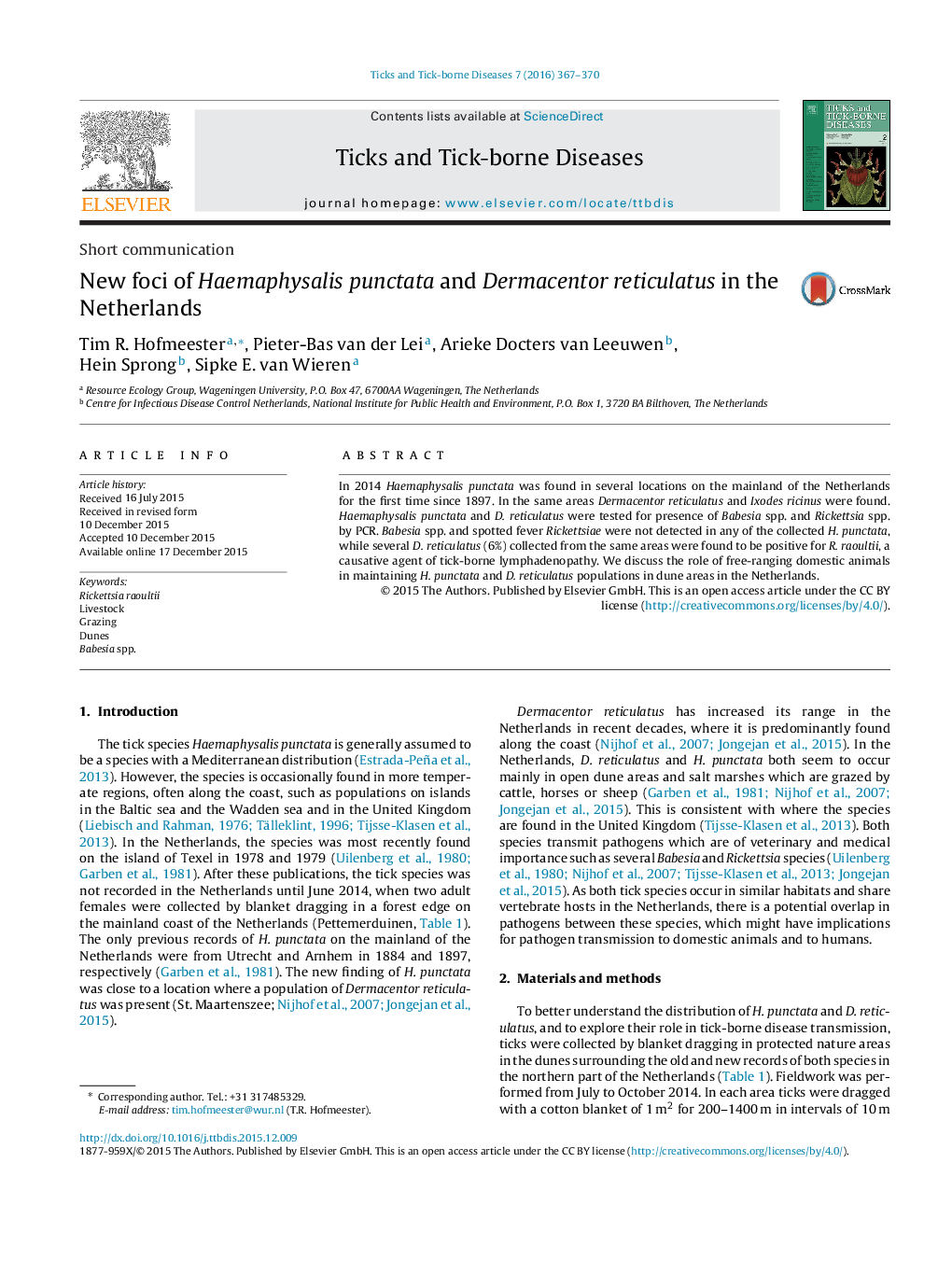 New foci of Haemaphysalis punctata and Dermacentor reticulatus in the Netherlands