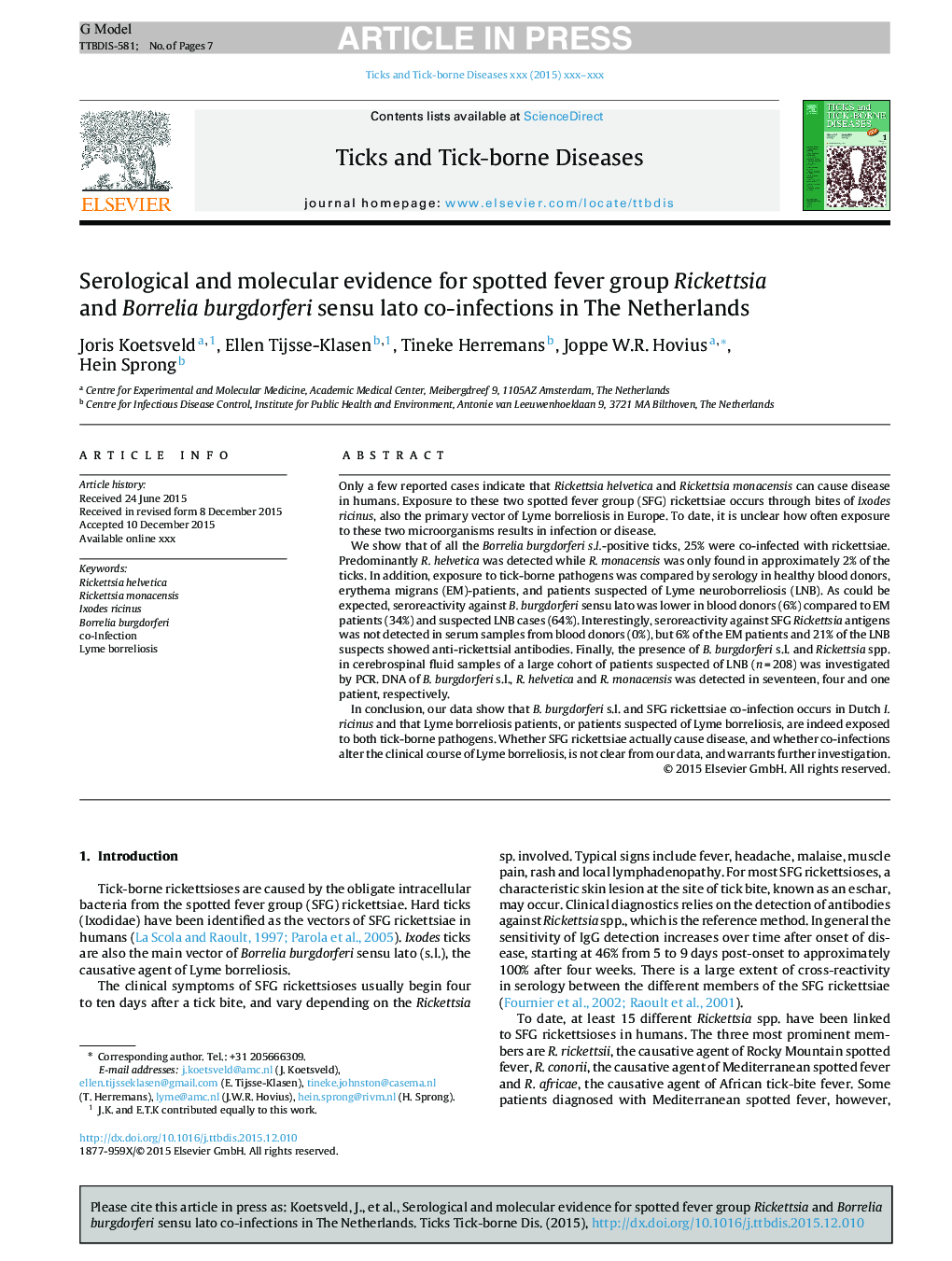 Serological and molecular evidence for spotted fever group Rickettsia and Borrelia burgdorferi sensu lato co-infections in The Netherlands