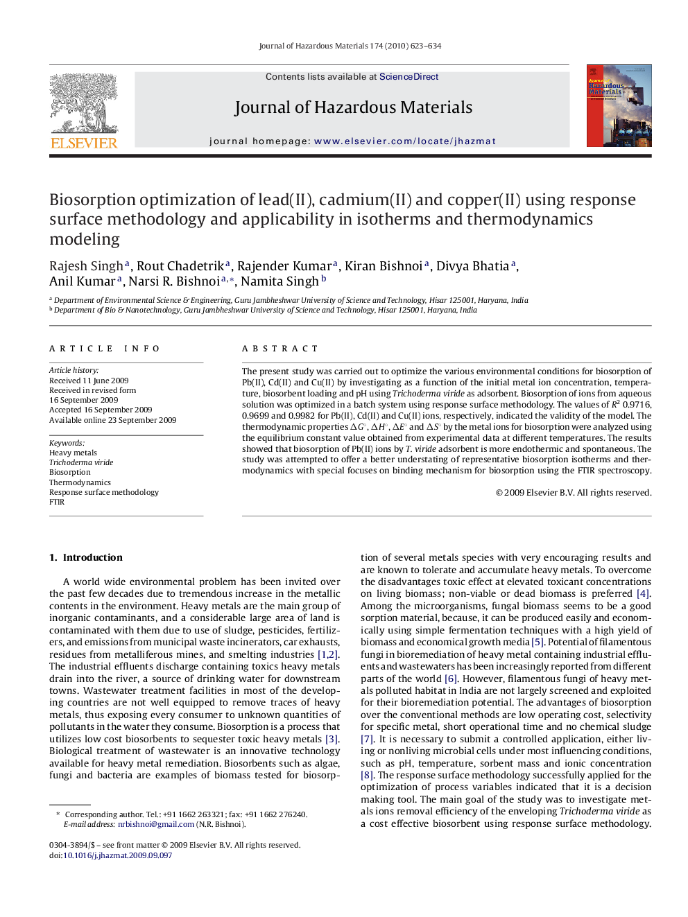 Biosorption optimization of lead(II), cadmium(II) and copper(II) using response surface methodology and applicability in isotherms and thermodynamics modeling