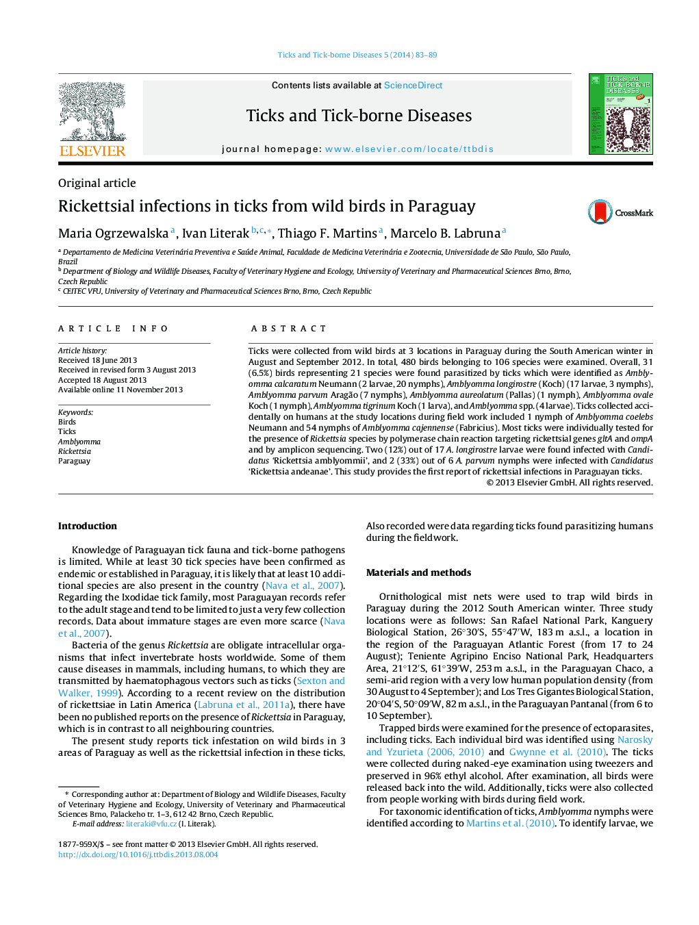 Rickettsial infections in ticks from wild birds in Paraguay