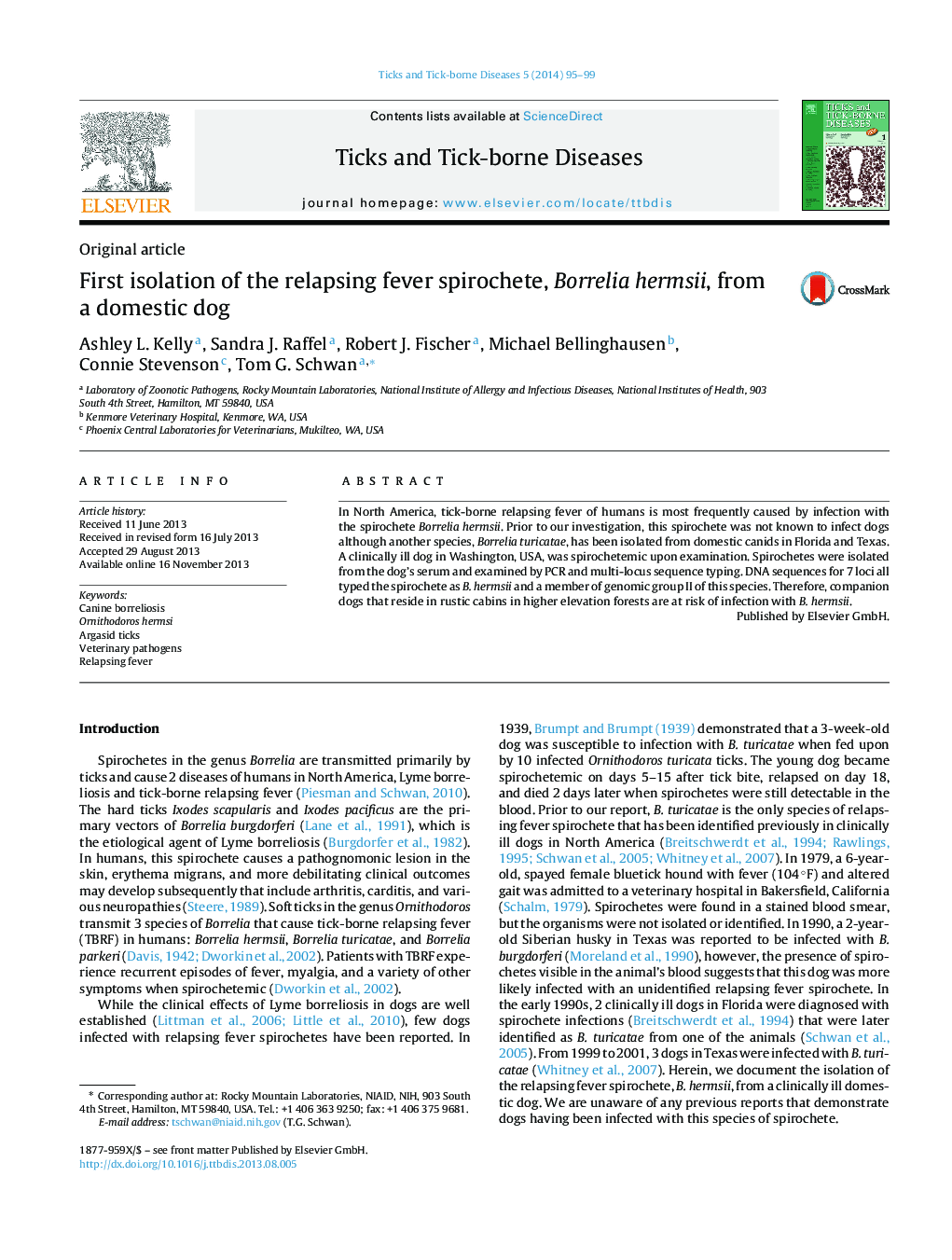 First isolation of the relapsing fever spirochete, Borrelia hermsii, from a domestic dog