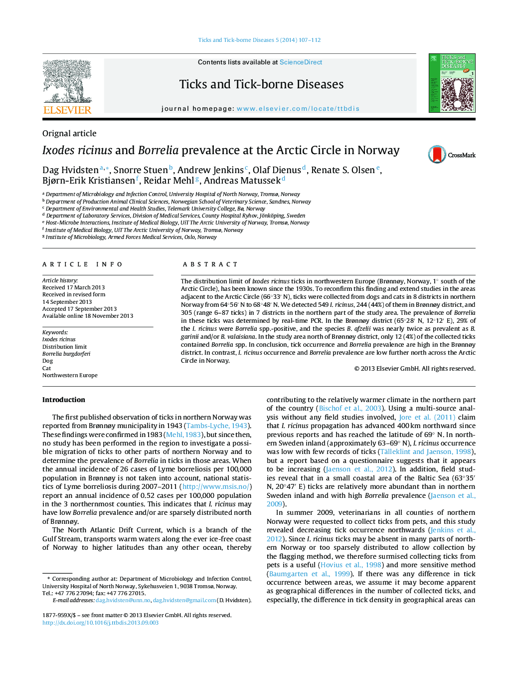 Ixodes ricinus and Borrelia prevalence at the Arctic Circle in Norway