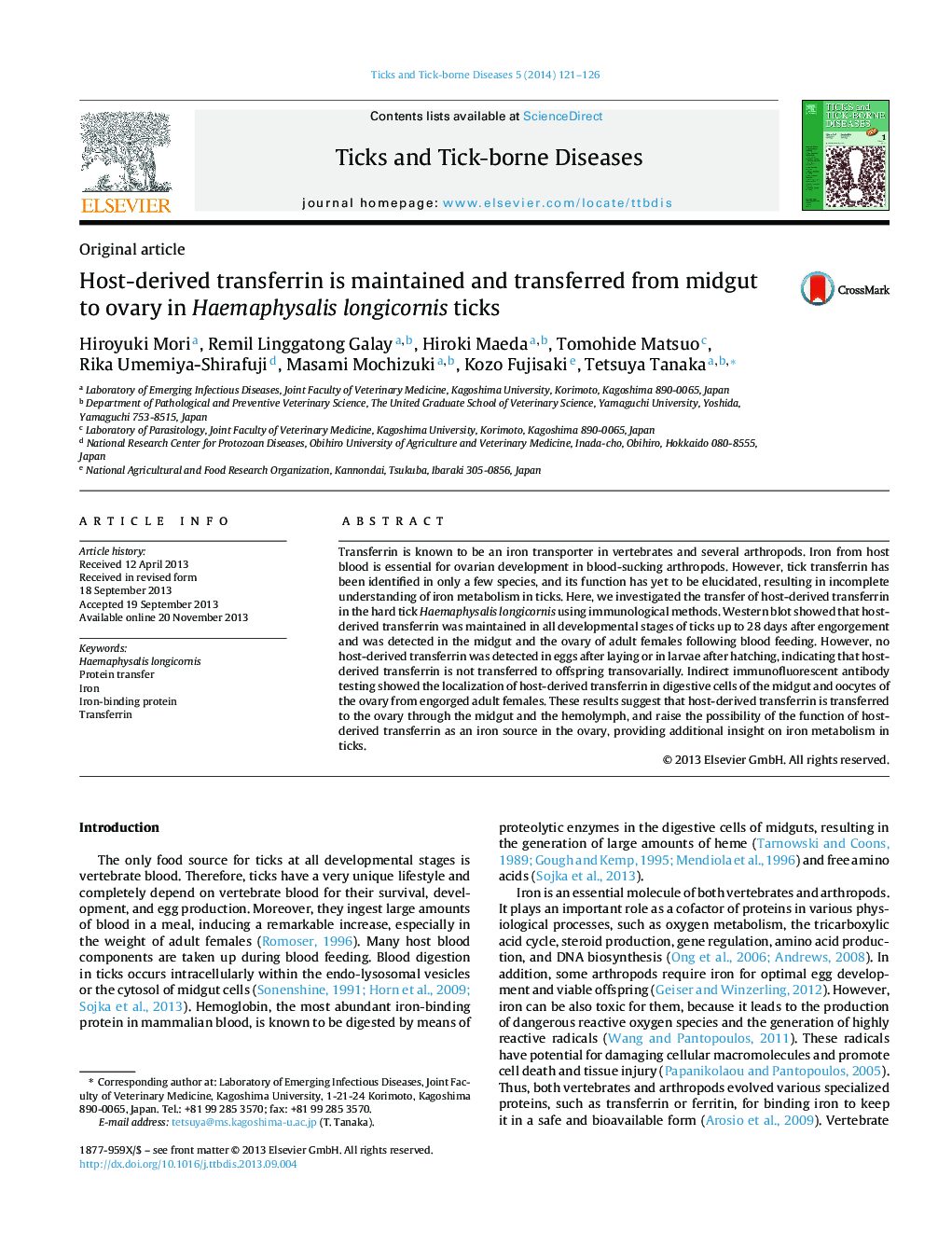 Host-derived transferrin is maintained and transferred from midgut to ovary in Haemaphysalis longicornis ticks