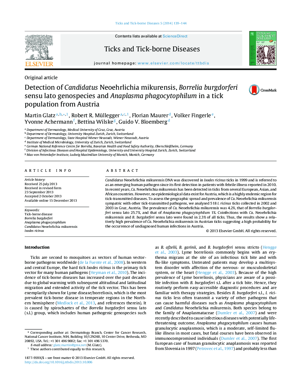 Detection of Candidatus Neoehrlichia mikurensis, Borrelia burgdorferi sensu lato genospecies and Anaplasma phagocytophilum in a tick population from Austria