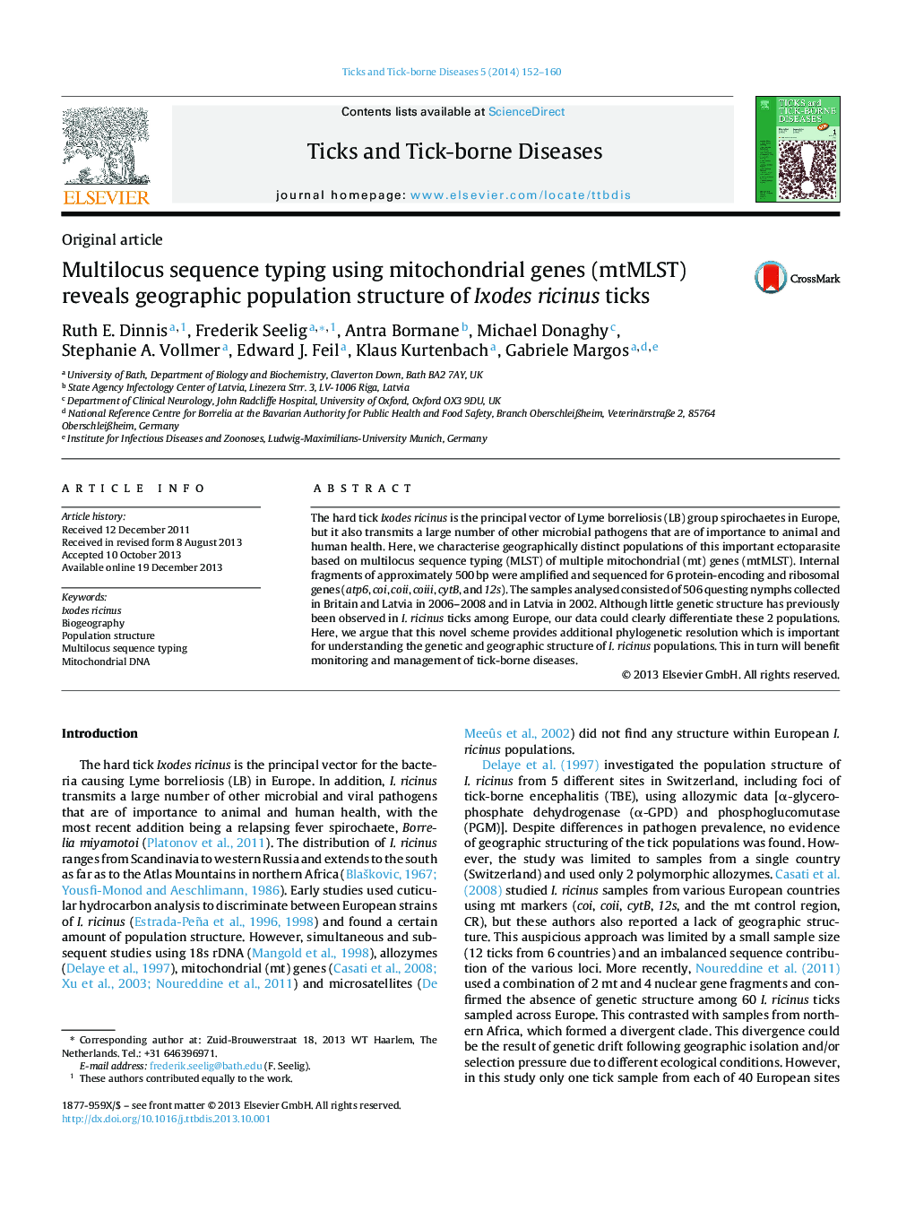 Multilocus sequence typing using mitochondrial genes (mtMLST) reveals geographic population structure of Ixodes ricinus ticks