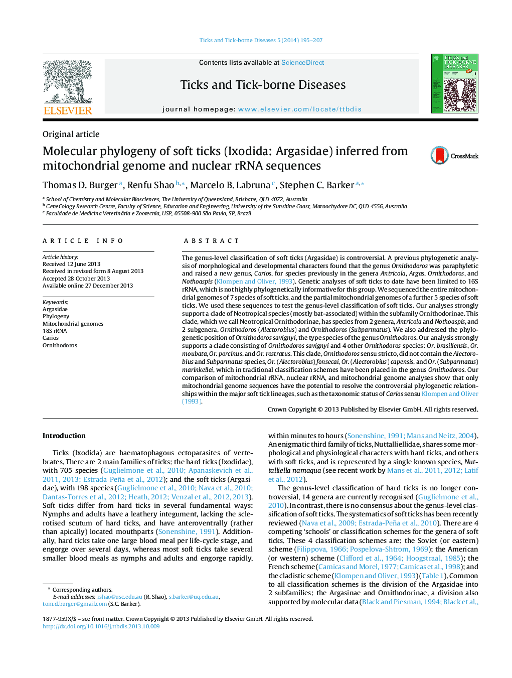 Molecular phylogeny of soft ticks (Ixodida: Argasidae) inferred from mitochondrial genome and nuclear rRNA sequences