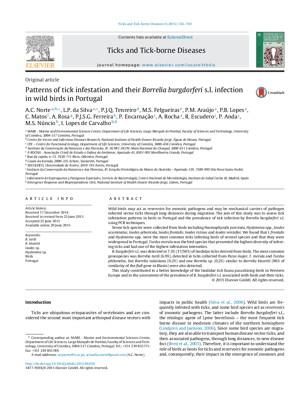 Patterns of tick infestation and their Borrelia burgdorferi s.l. infection in wild birds in Portugal