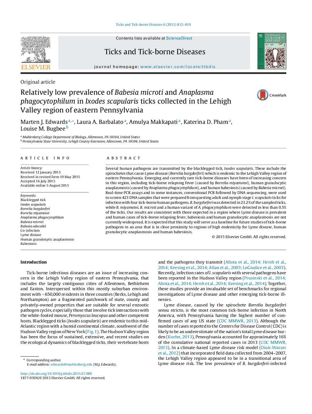 Original articleRelatively low prevalence of Babesia microti and Anaplasma phagocytophilum in Ixodes scapularis ticks collected in the Lehigh Valley region of eastern Pennsylvania