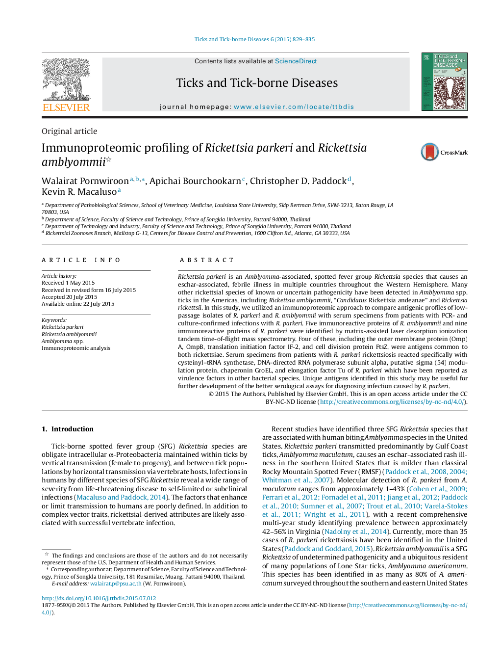 Immunoproteomic profiling of Rickettsia parkeri and Rickettsia amblyommii