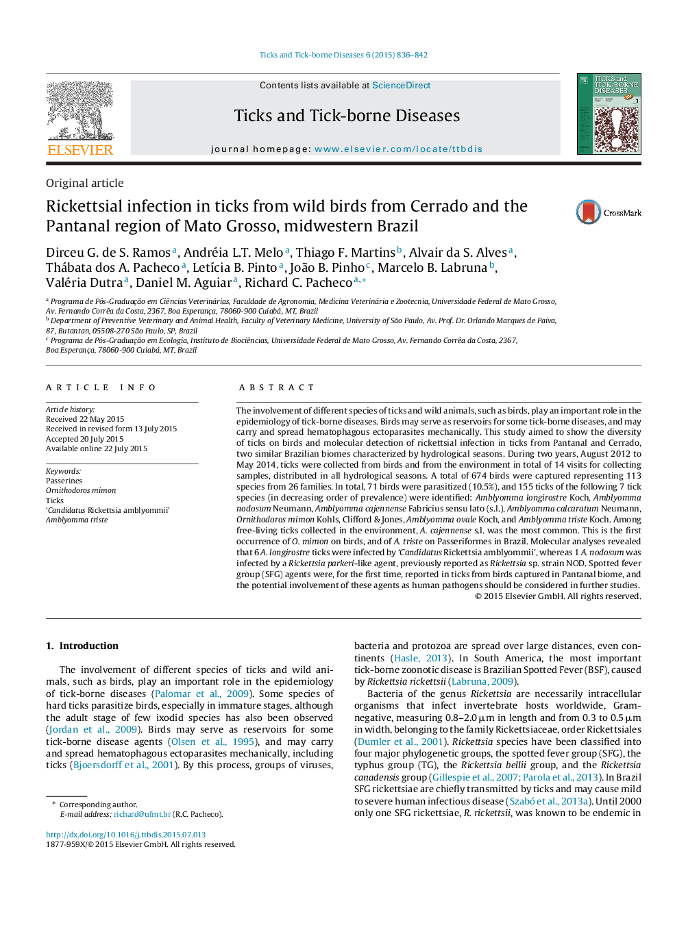 Rickettsial infection in ticks from wild birds from Cerrado and the Pantanal region of Mato Grosso, midwestern Brazil