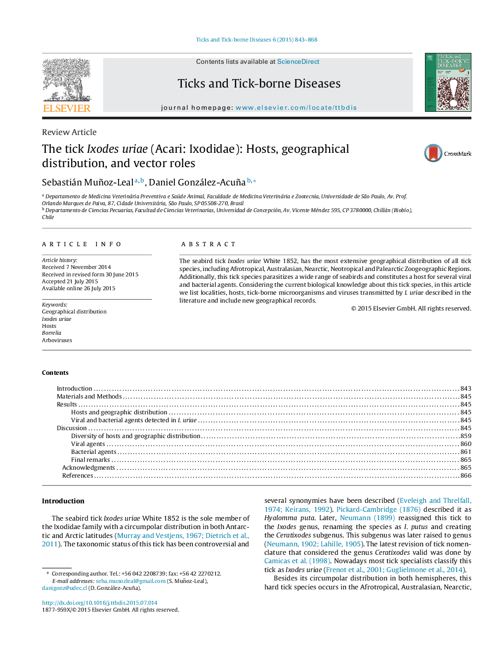 The tick Ixodes uriae (Acari: Ixodidae): Hosts, geographical distribution, and vector roles