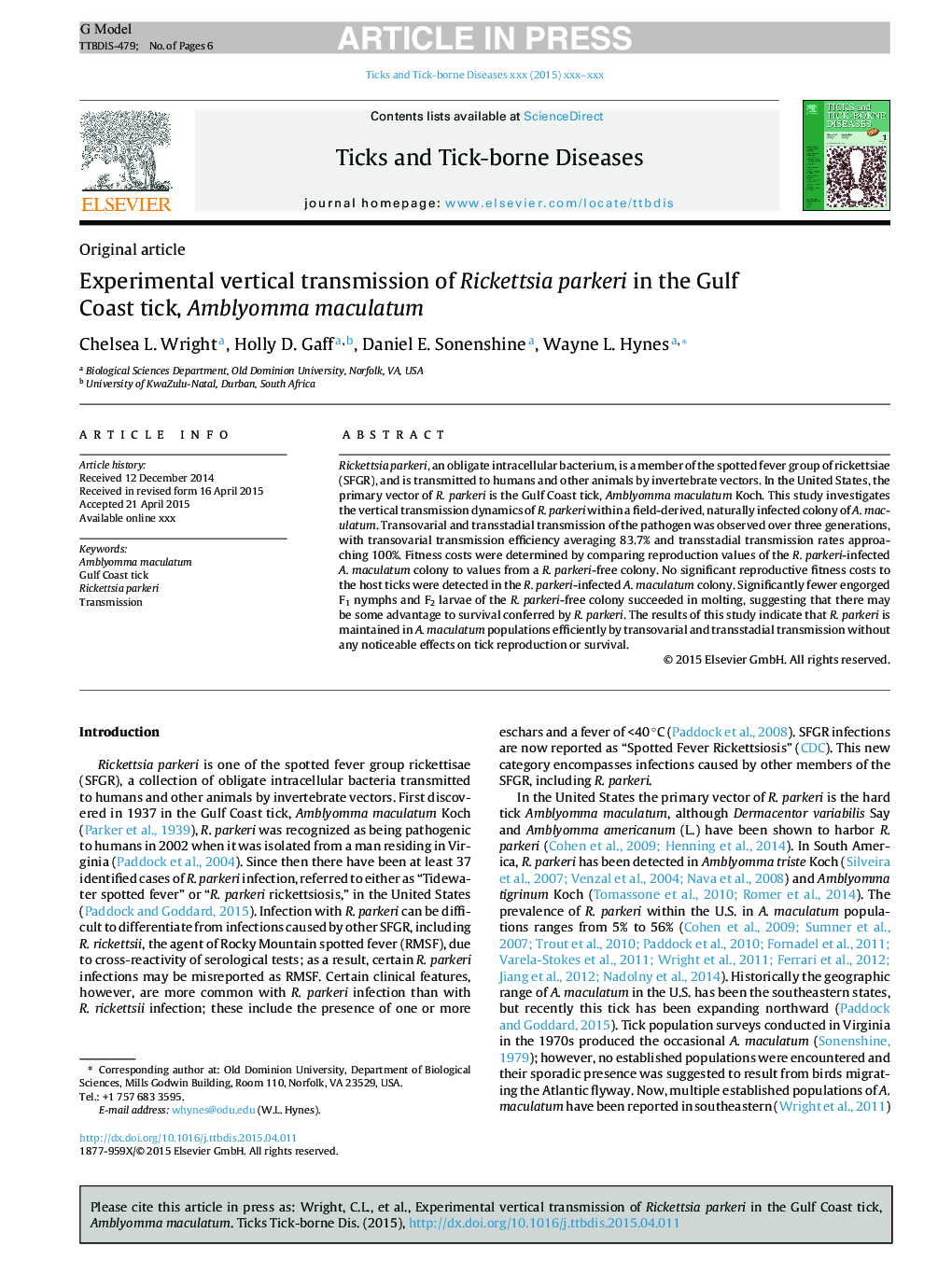 Experimental vertical transmission of Rickettsia parkeri in the Gulf Coast tick, Amblyomma maculatum