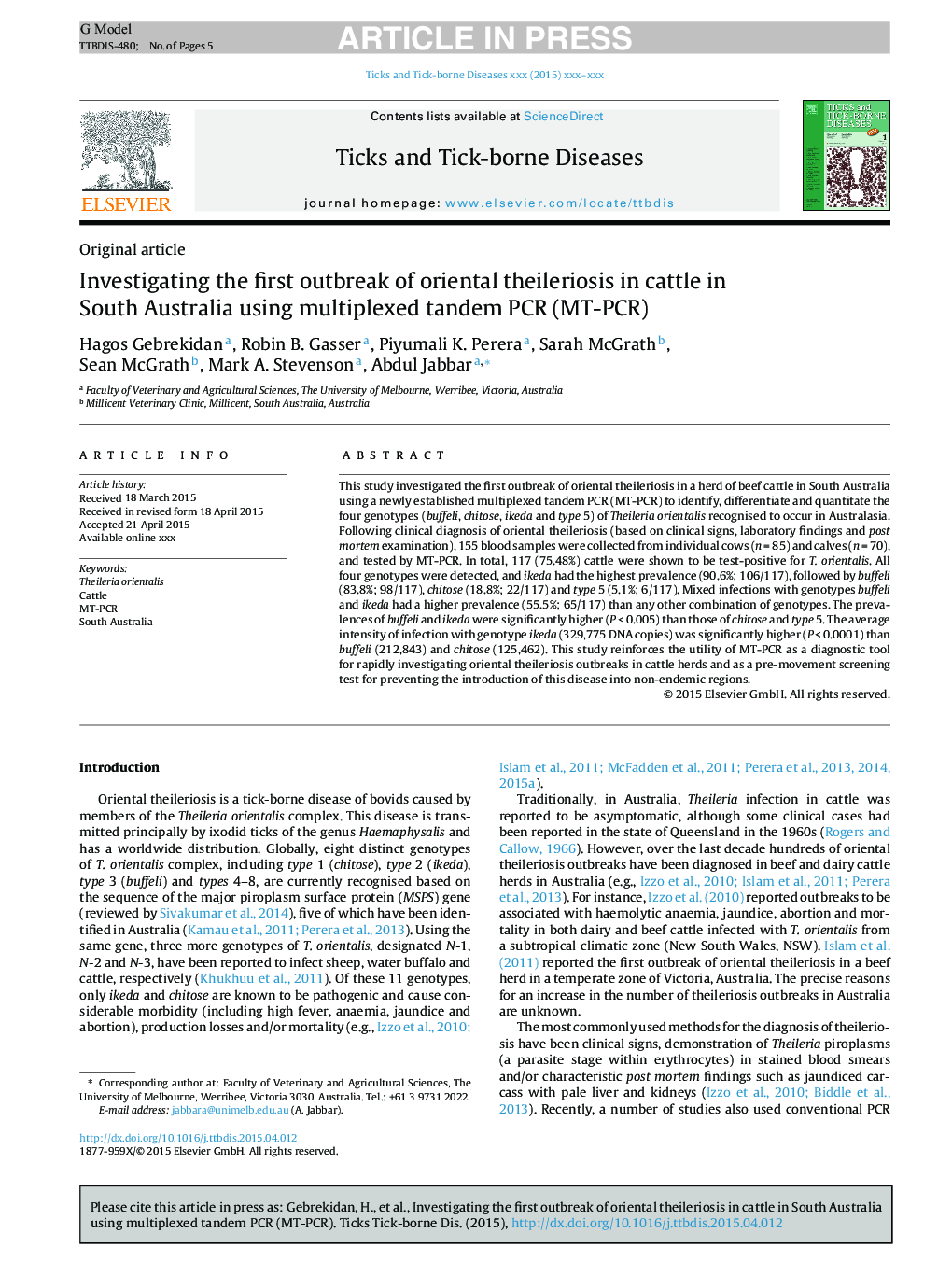 Investigating the first outbreak of oriental theileriosis in cattle in South Australia using multiplexed tandem PCR (MT-PCR)