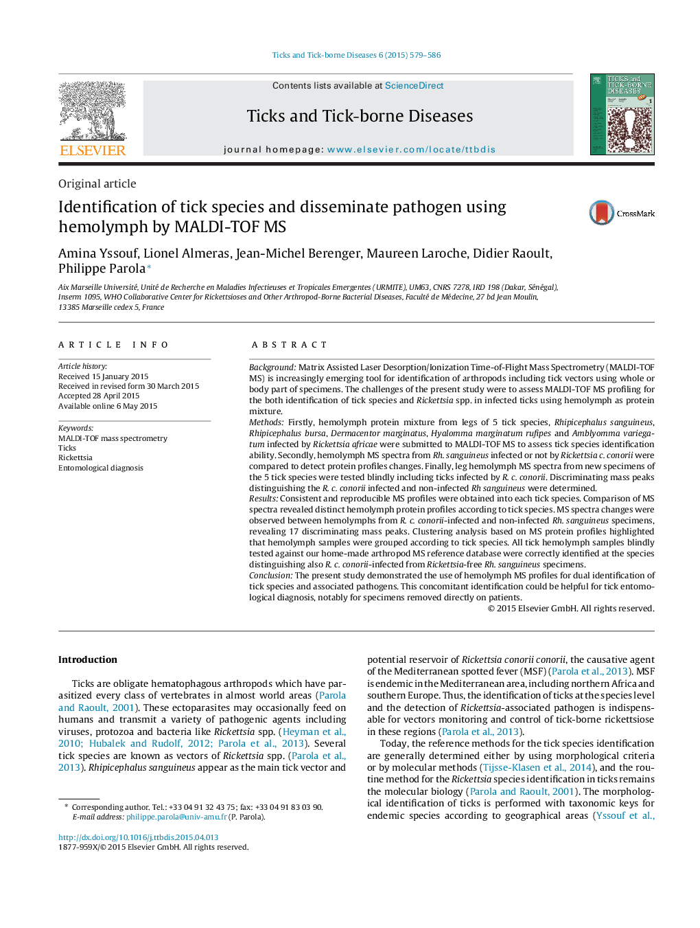 Identification of tick species and disseminate pathogen using hemolymph by MALDI-TOF MS