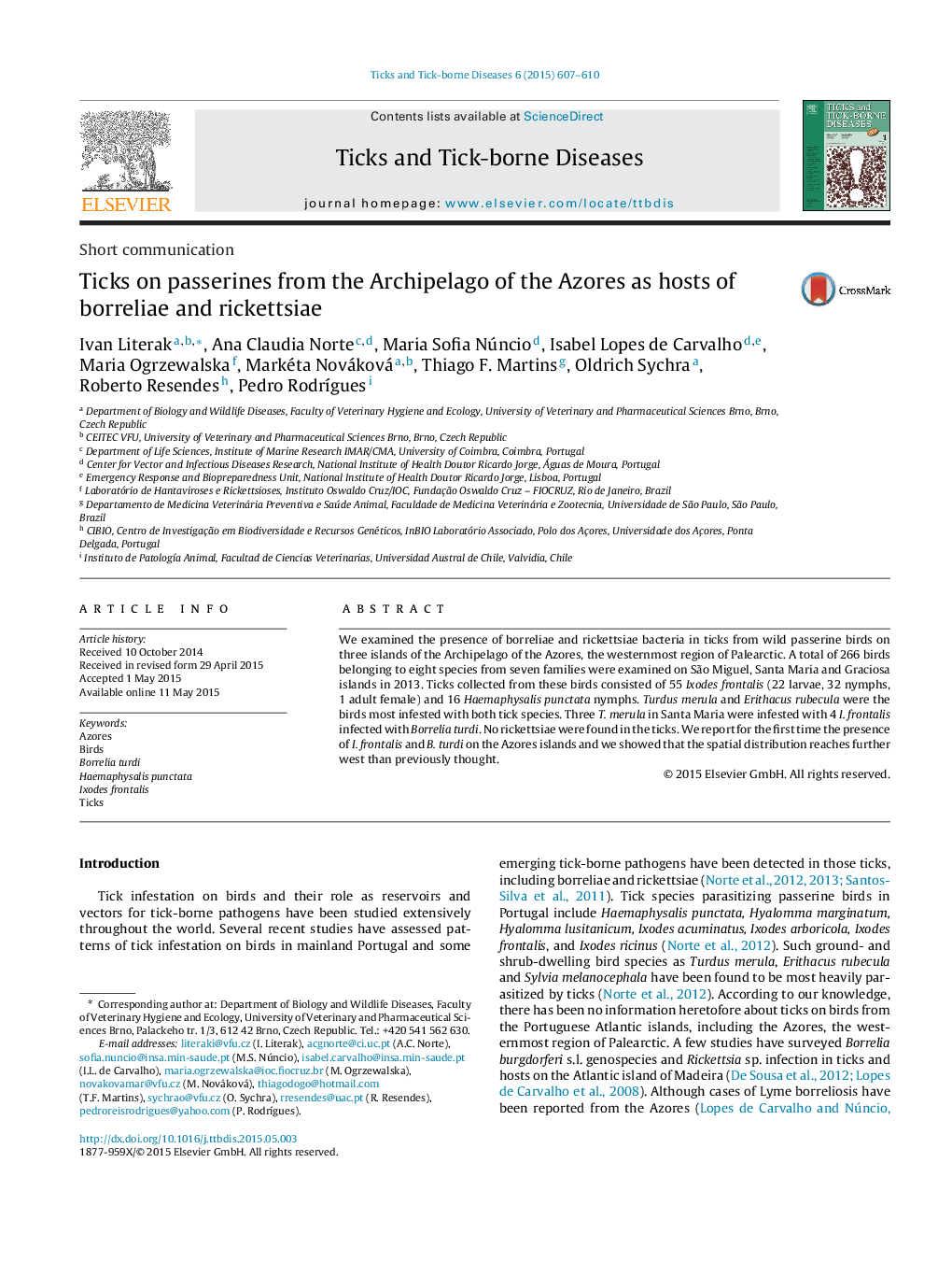 Ticks on passerines from the Archipelago of the Azores as hosts of borreliae and rickettsiae