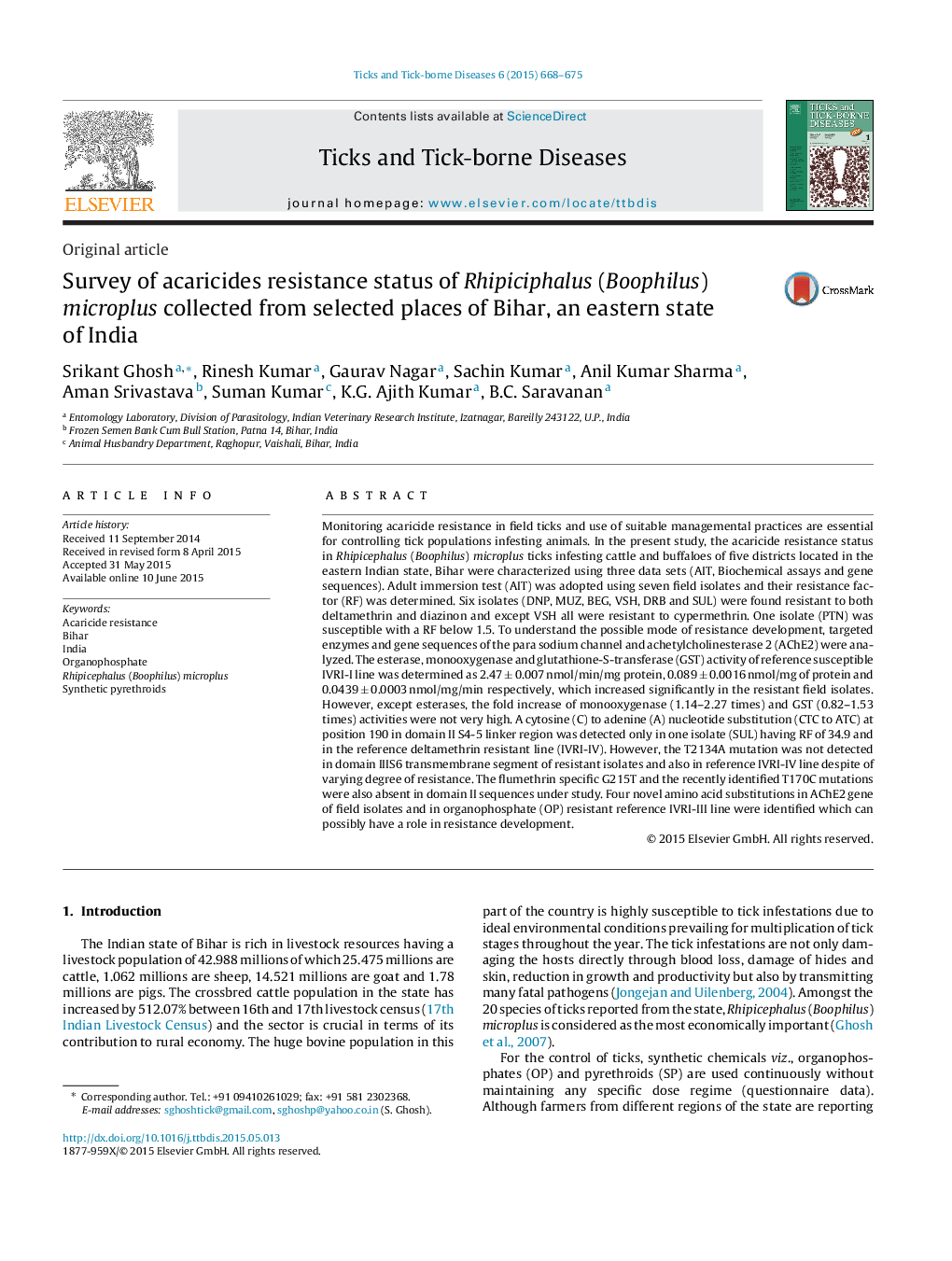 Survey of acaricides resistance status of Rhipiciphalus (Boophilus) microplus collected from selected places of Bihar, an eastern state of India