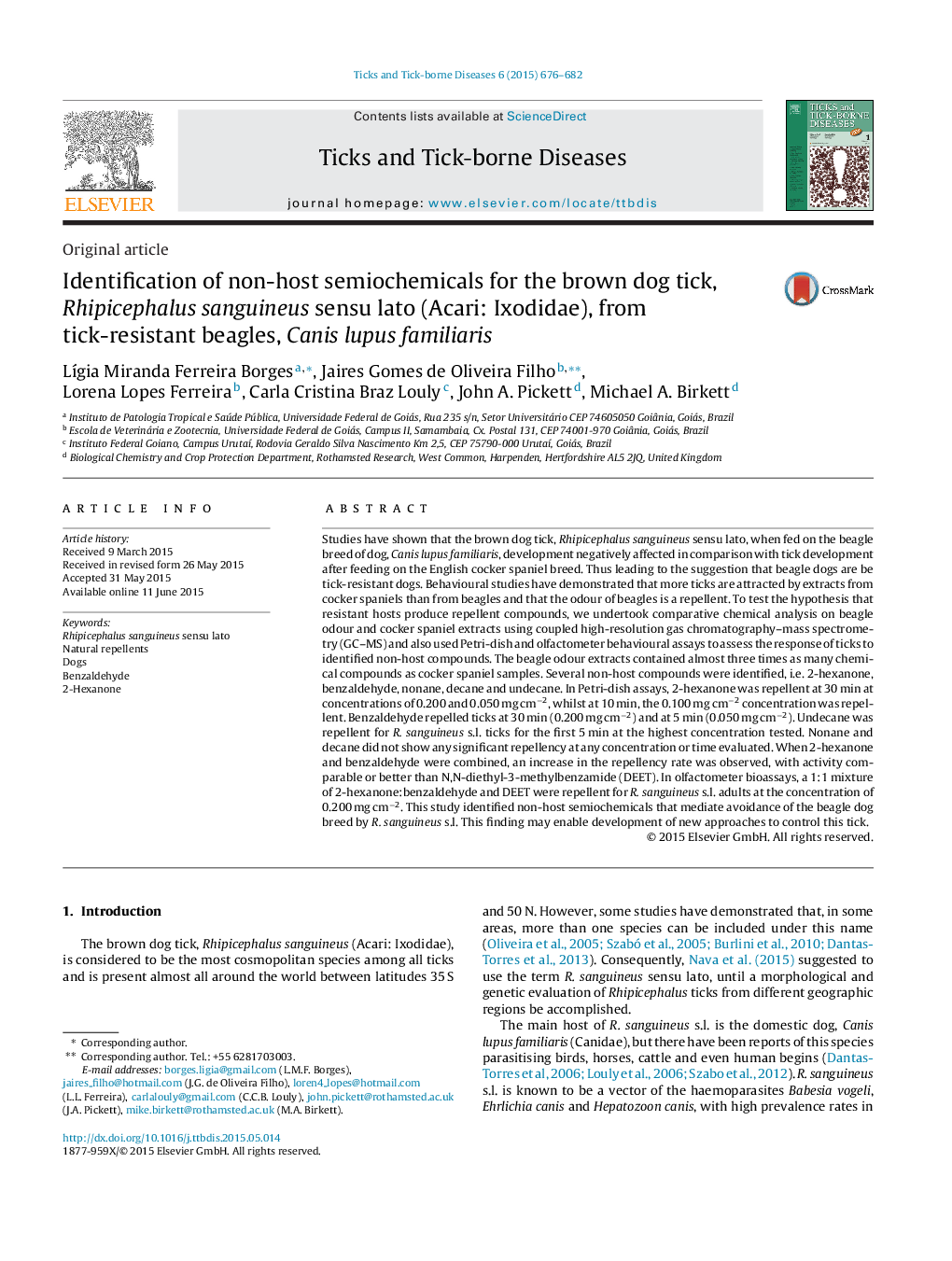 Identification of non-host semiochemicals for the brown dog tick, Rhipicephalus sanguineus sensu lato (Acari: Ixodidae), from tick-resistant beagles, Canis lupus familiaris