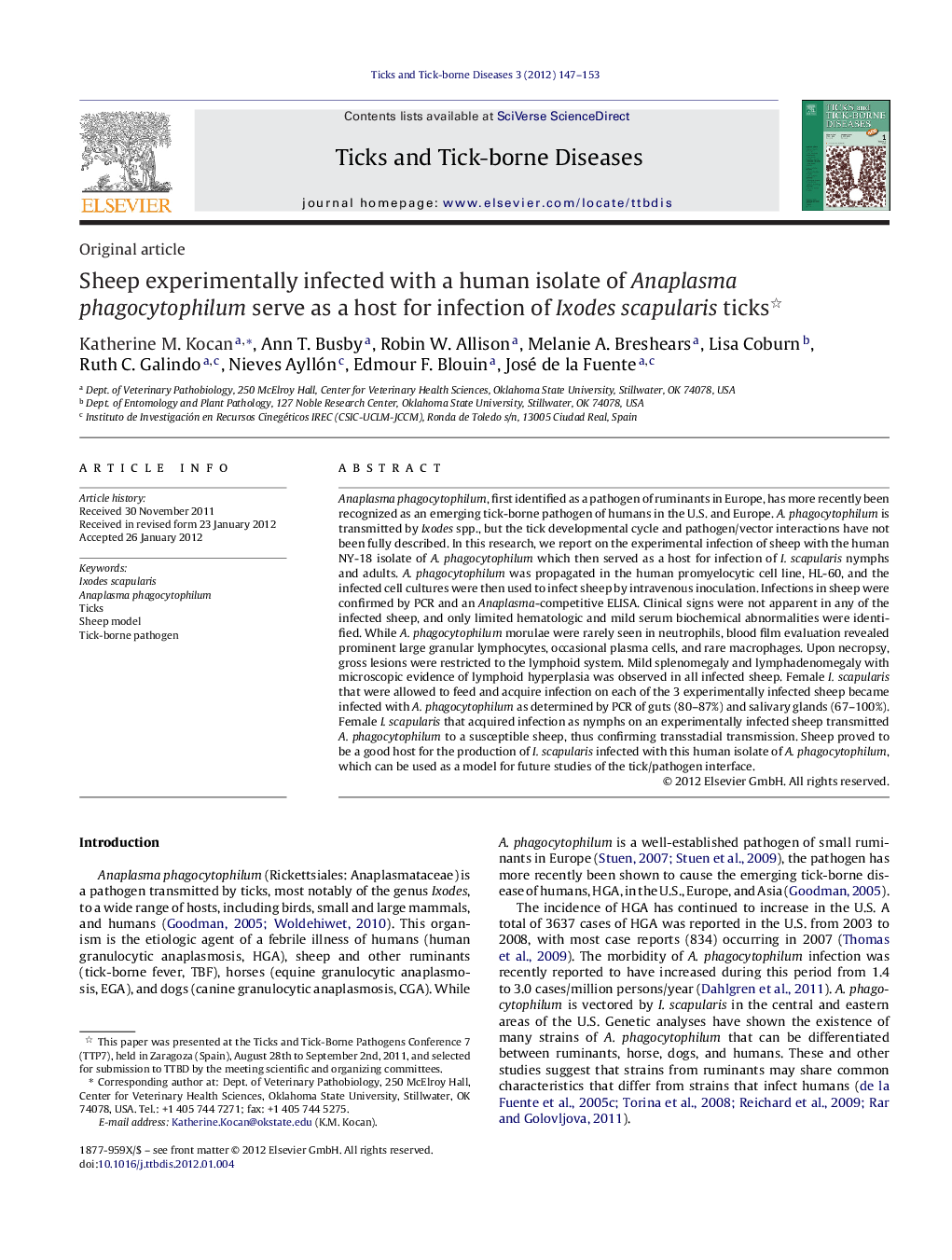 Sheep experimentally infected with a human isolate of Anaplasma phagocytophilum serve as a host for infection of Ixodes scapularis ticks