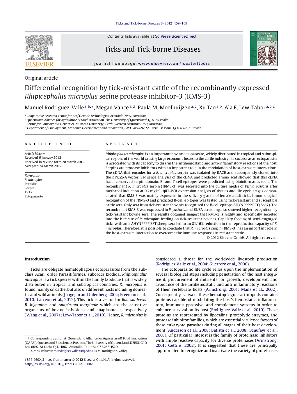 Differential recognition by tick-resistant cattle of the recombinantly expressed Rhipicephalus microplus serine protease inhibitor-3 (RMS-3)