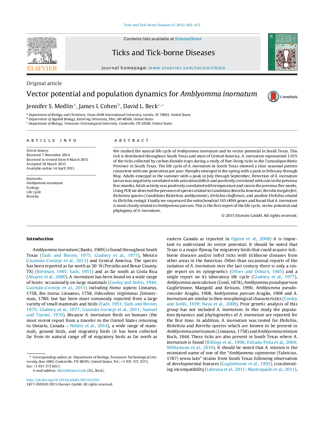 Vector potential and population dynamics for Amblyomma inornatum