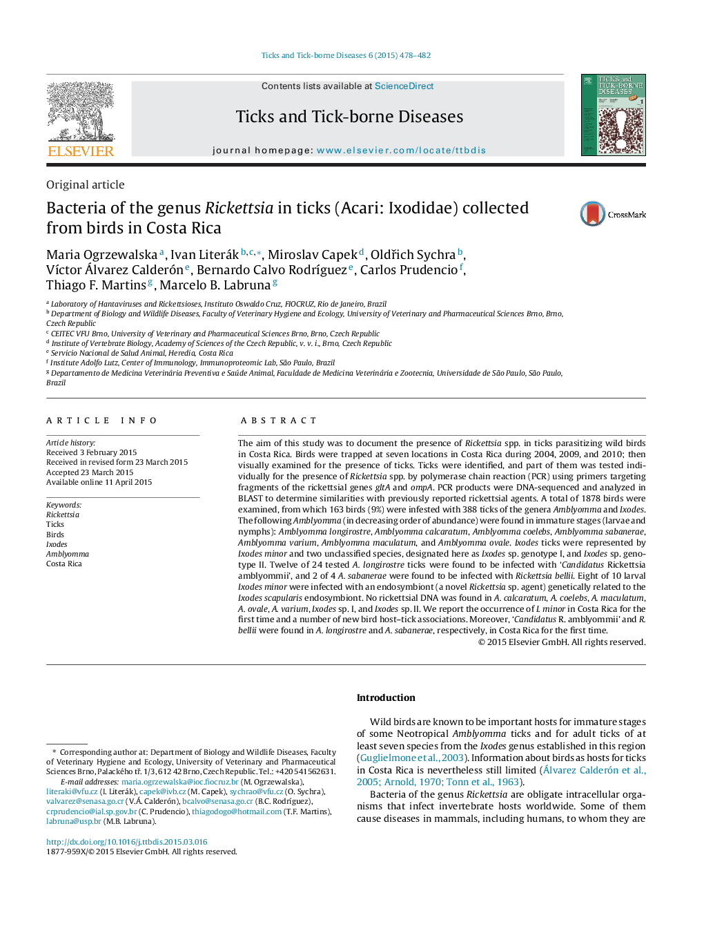 Bacteria of the genus Rickettsia in ticks (Acari: Ixodidae) collected from birds in Costa Rica