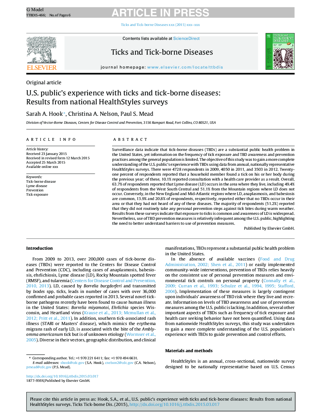 U.S. public's experience with ticks and tick-borne diseases: Results from national HealthStyles surveys