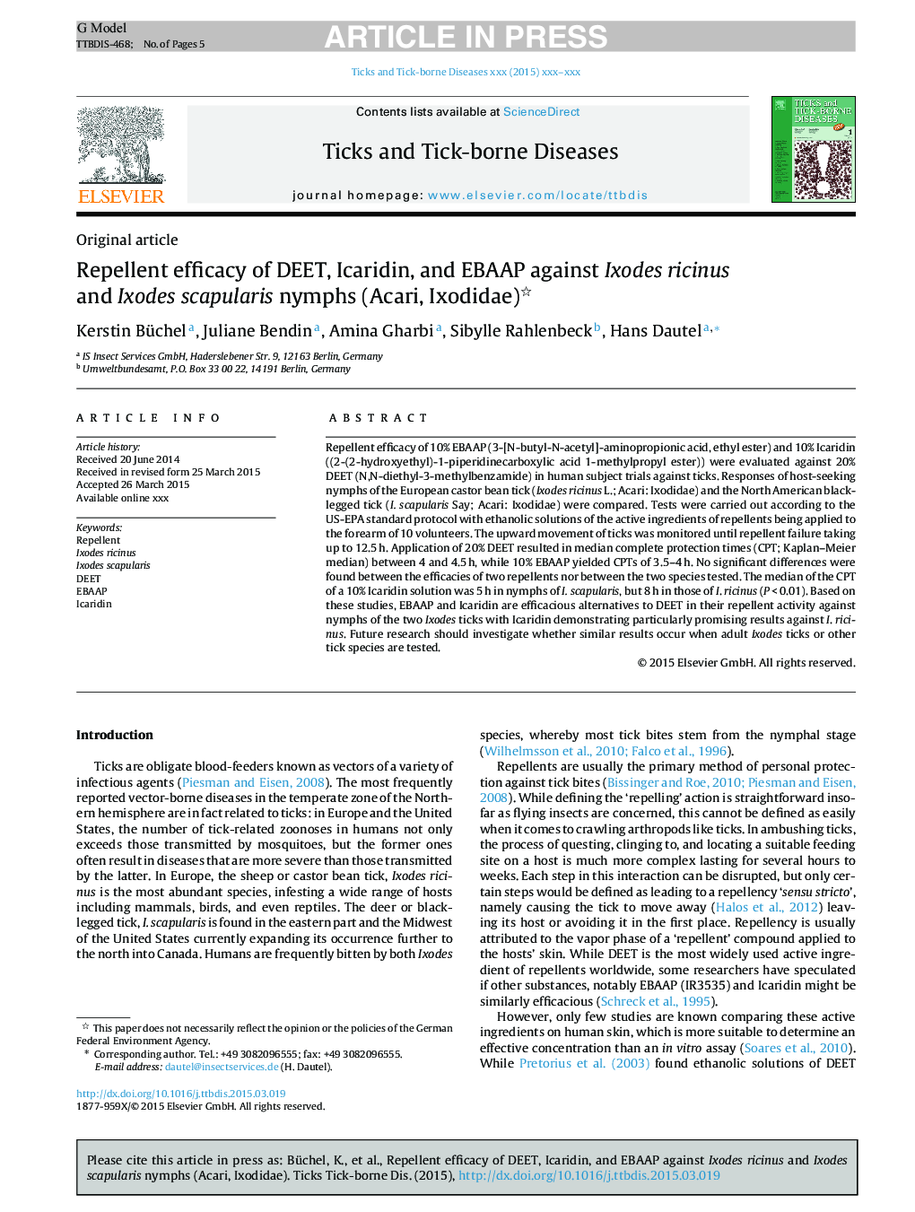 Repellent efficacy of DEET, Icaridin, and EBAAP against Ixodes ricinus and Ixodes scapularis nymphs (Acari, Ixodidae)