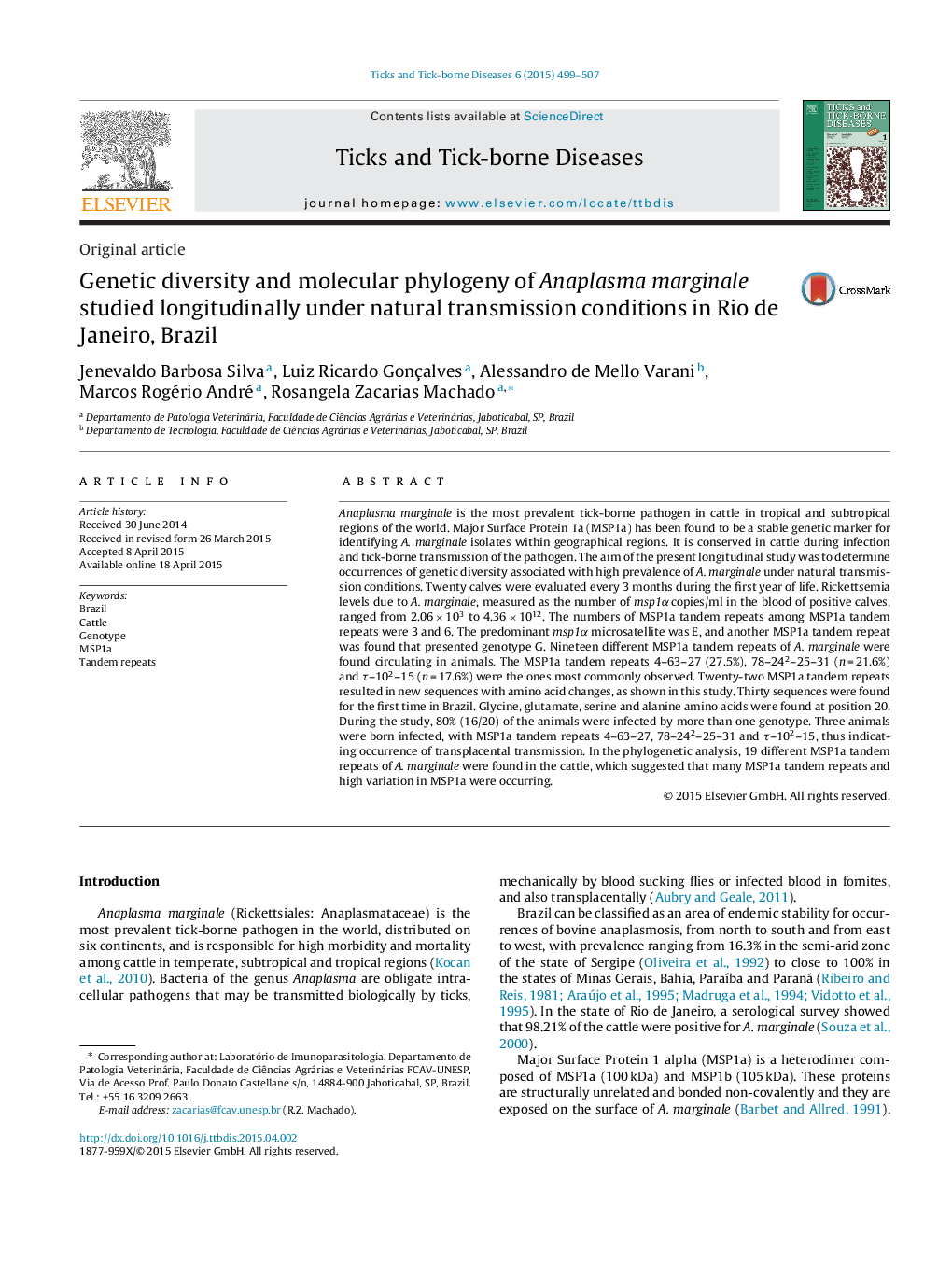 Genetic diversity and molecular phylogeny of Anaplasma marginale studied longitudinally under natural transmission conditions in Rio de Janeiro, Brazil