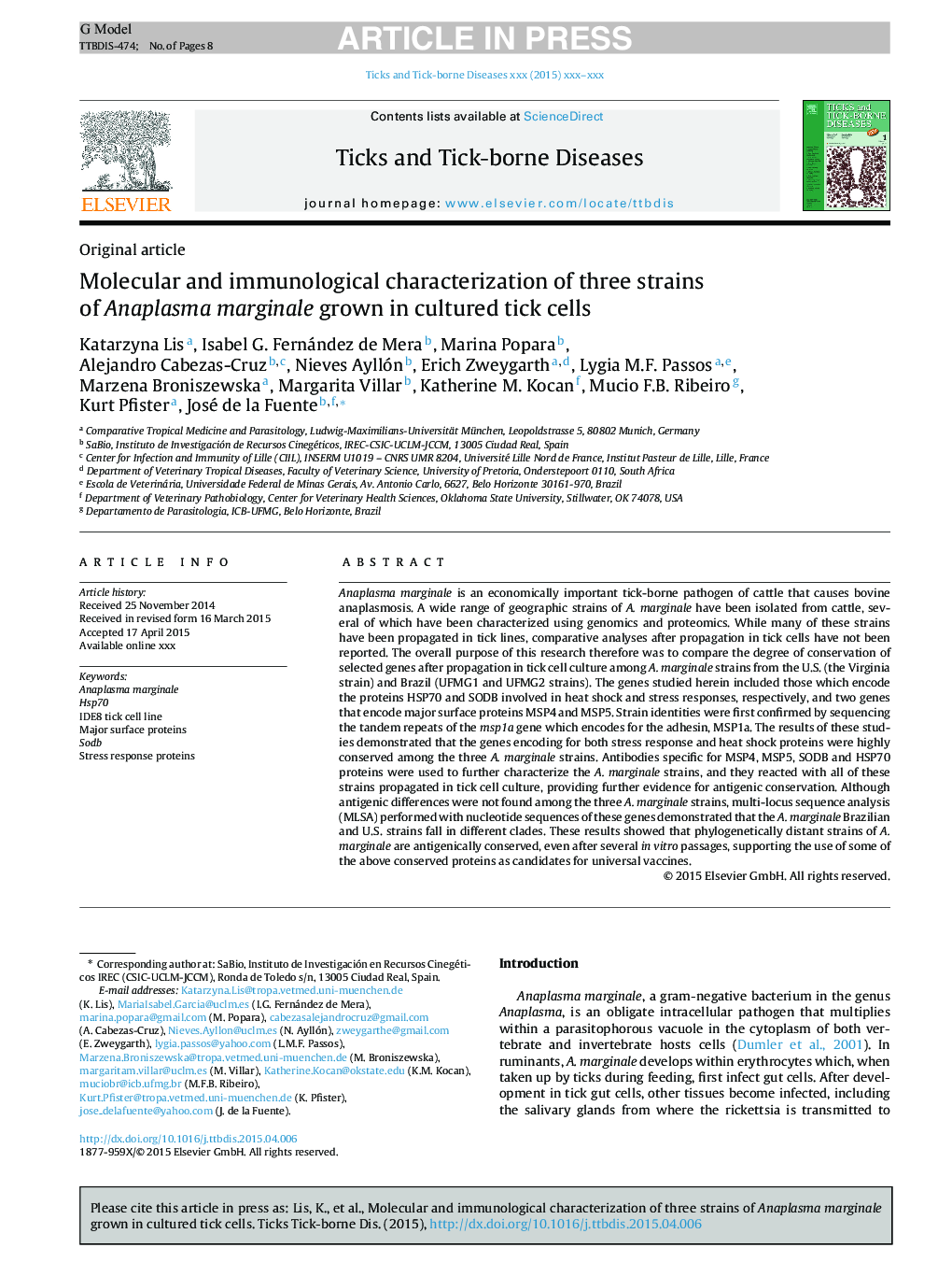 Molecular and immunological characterization of three strains of Anaplasma marginale grown in cultured tick cells