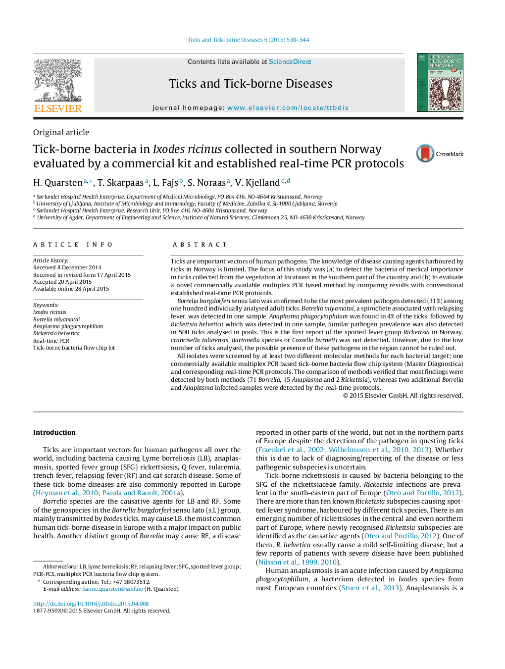 Tick-borne bacteria in Ixodes ricinus collected in southern Norway evaluated by a commercial kit and established real-time PCR protocols