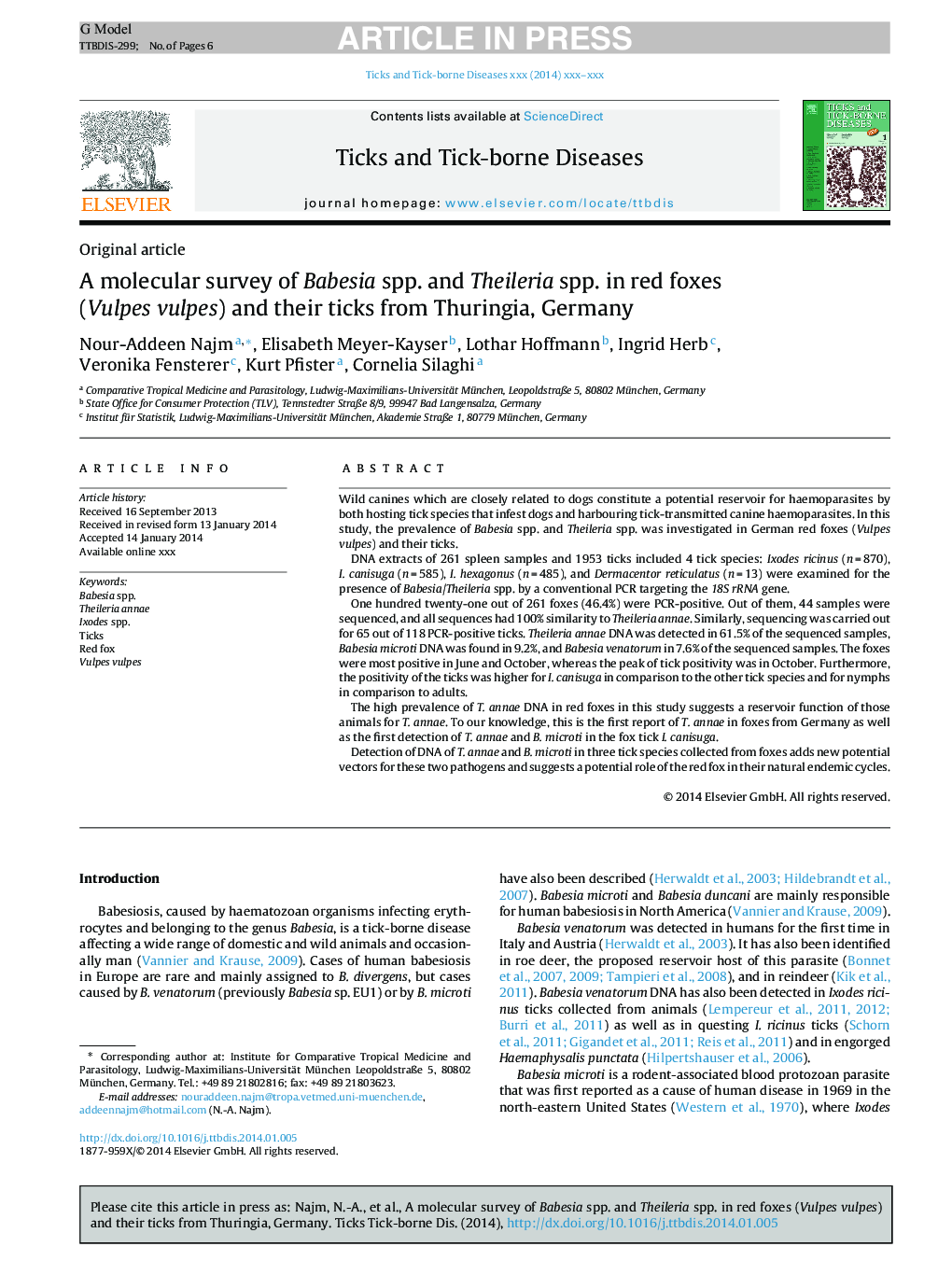 A molecular survey of Babesia spp. and Theileria spp. in red foxes (Vulpes vulpes) and their ticks from Thuringia, Germany