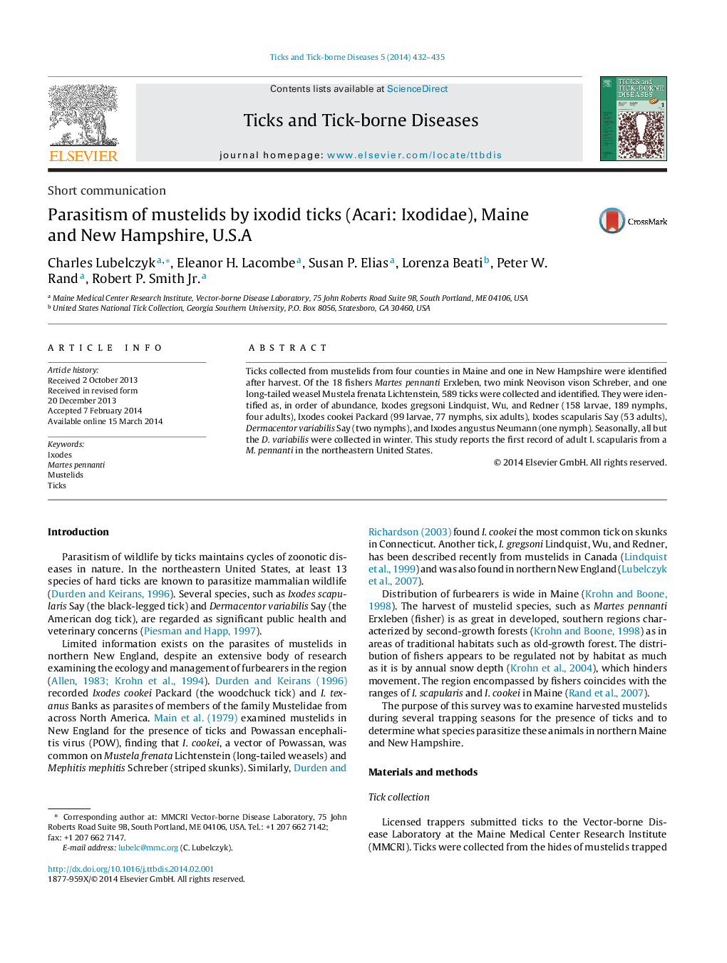 Parasitism of mustelids by ixodid ticks (Acari: Ixodidae), Maine and New Hampshire, U.S.A