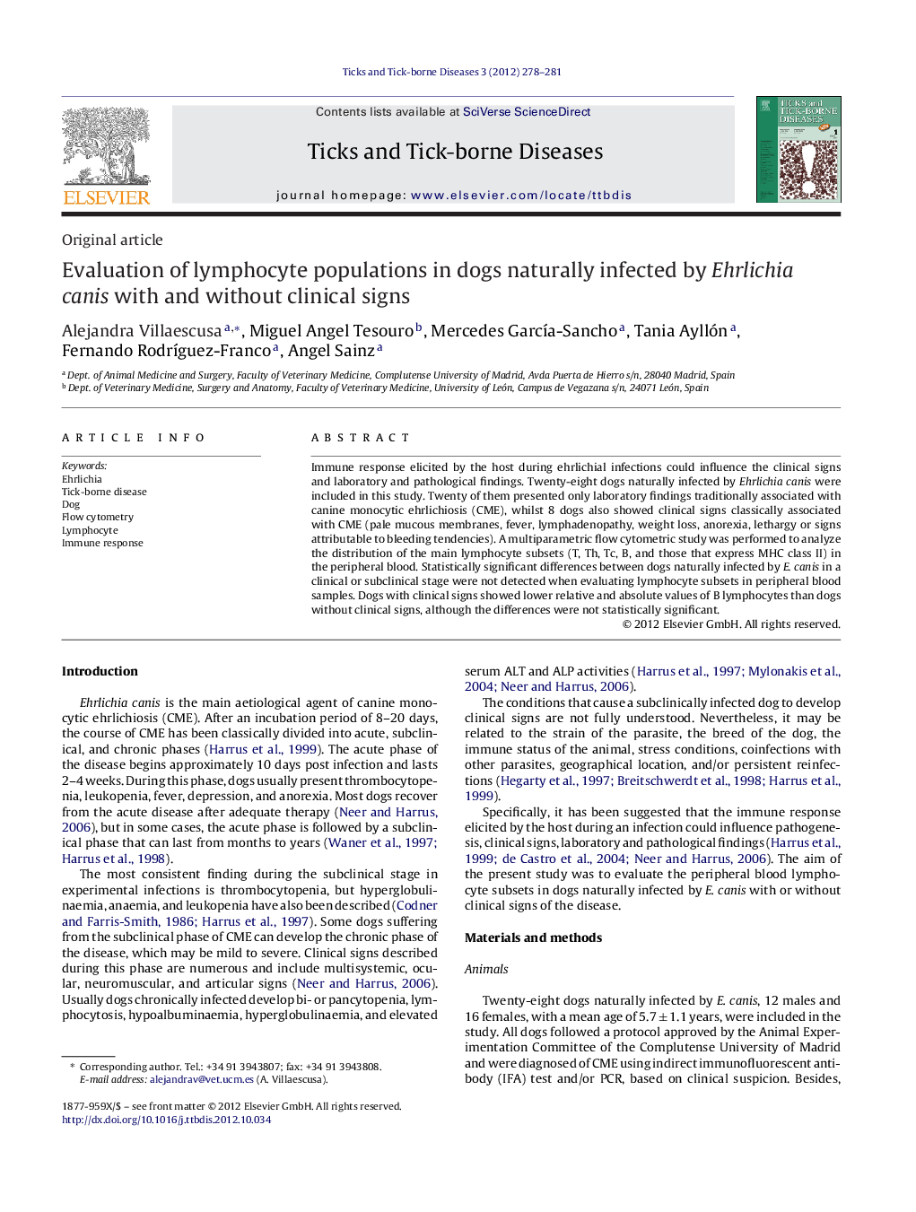 Evaluation of lymphocyte populations in dogs naturally infected by Ehrlichia canis with and without clinical signs