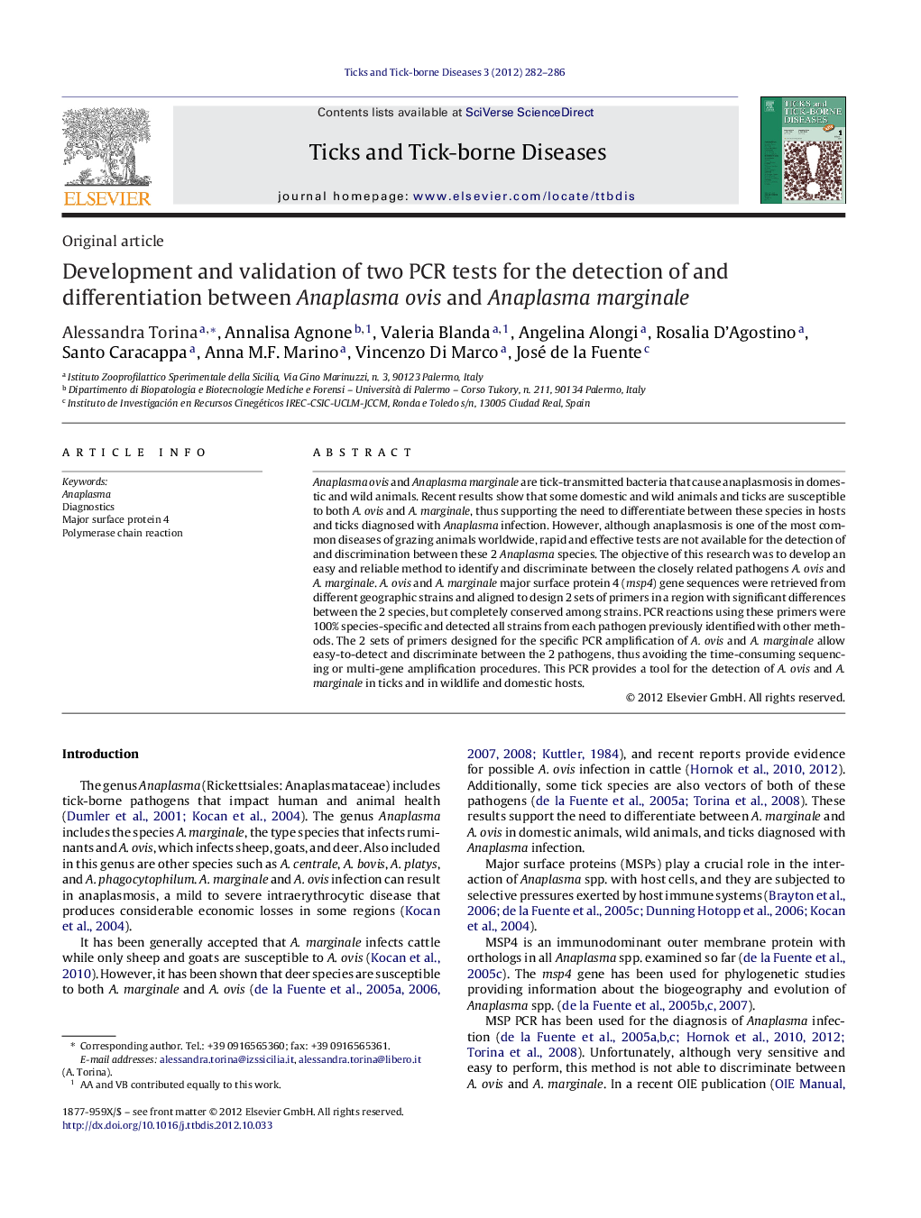 Development and validation of two PCR tests for the detection of and differentiation between Anaplasma ovis and Anaplasma marginale