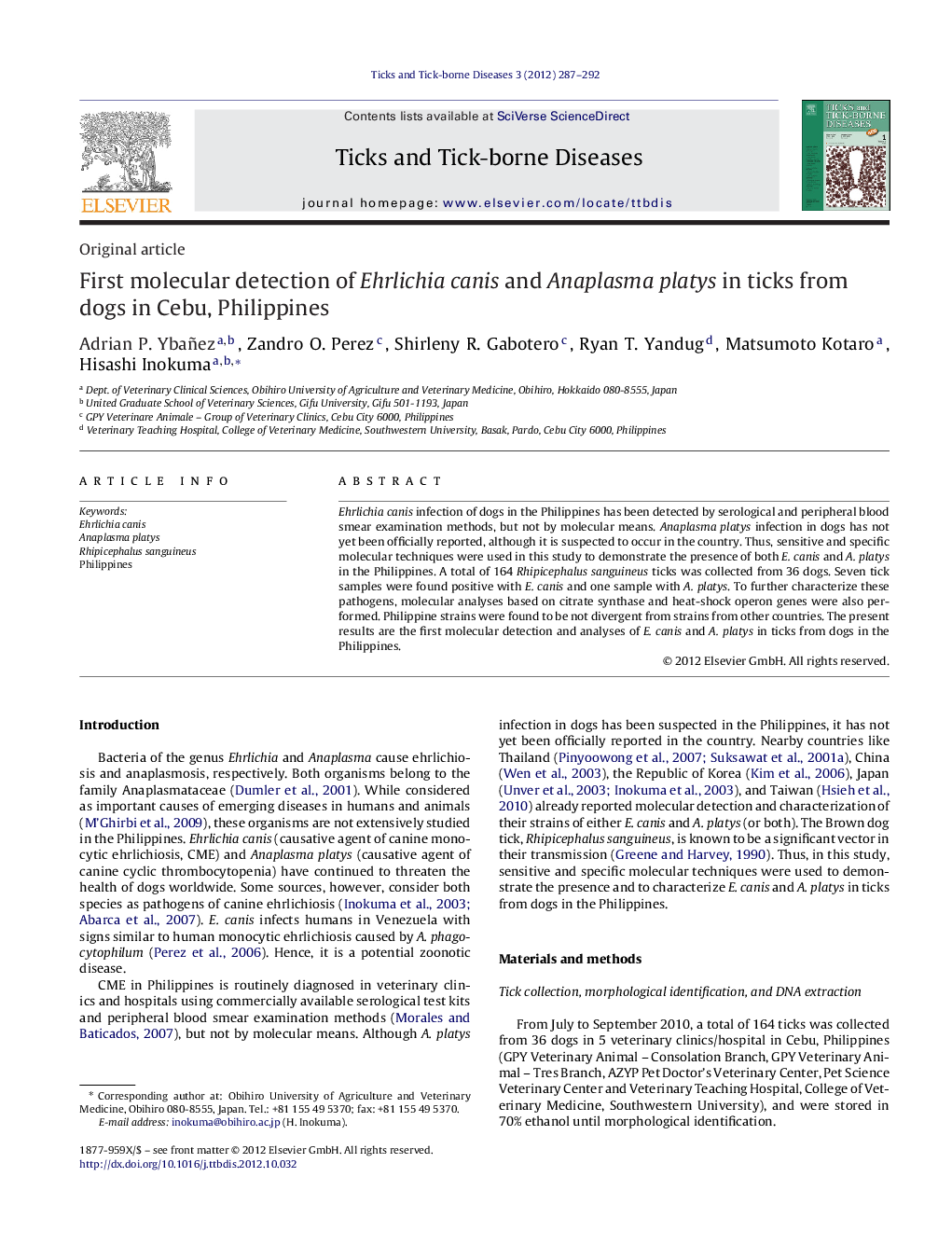 First molecular detection of Ehrlichia canis and Anaplasma platys in ticks from dogs in Cebu, Philippines