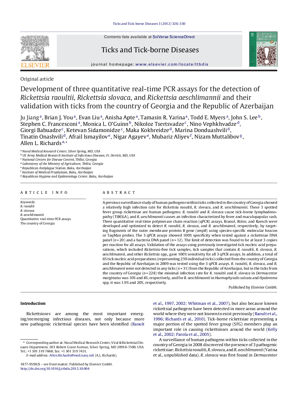 Development of three quantitative real-time PCR assays for the detection of Rickettsia raoultii, Rickettsia slovaca, and Rickettsia aeschlimannii and their validation with ticks from the country of Georgia and the Republic of Azerbaijan