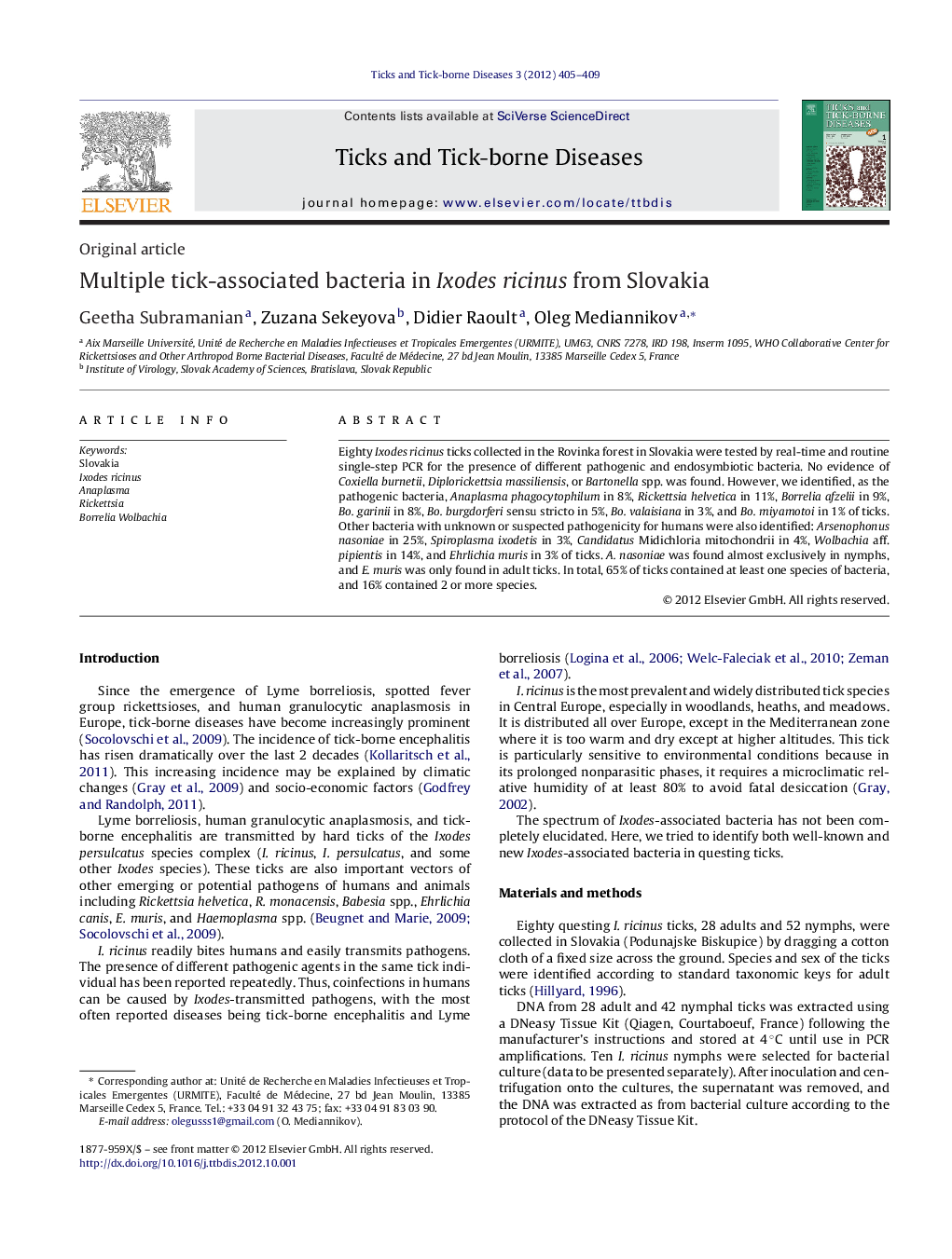 Multiple tick-associated bacteria in Ixodes ricinus from Slovakia