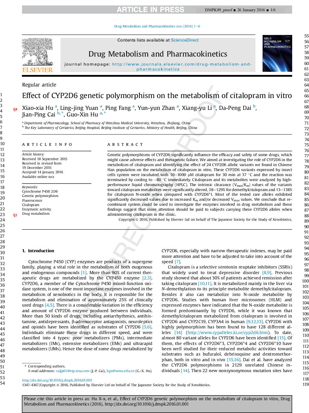 Effect of CYP2D6 genetic polymorphism on the metabolism of citalopram inÂ vitro