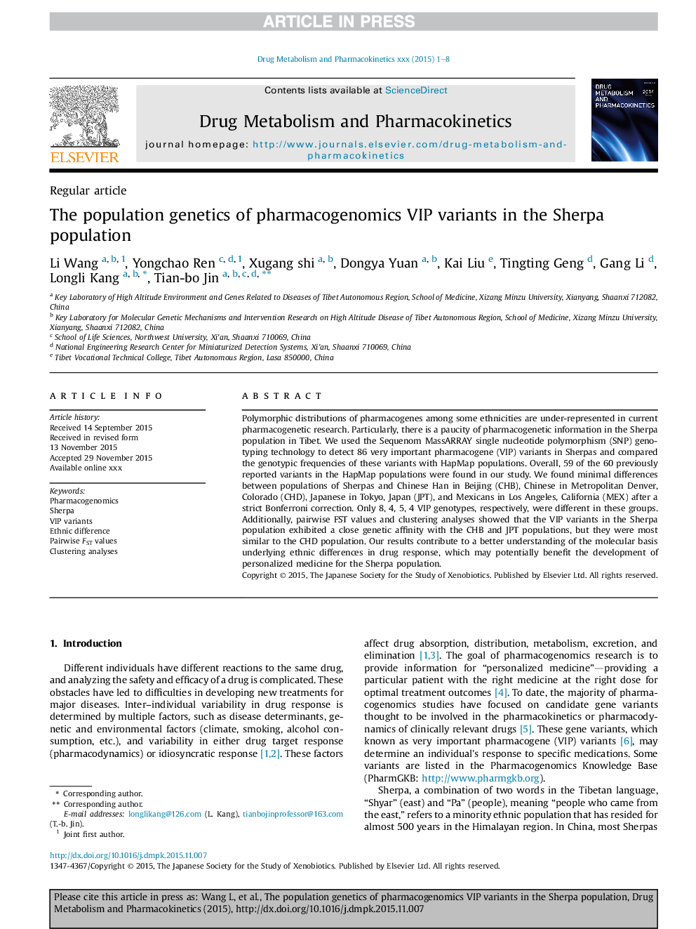 The population genetics of pharmacogenomics VIP variants in the Sherpa population