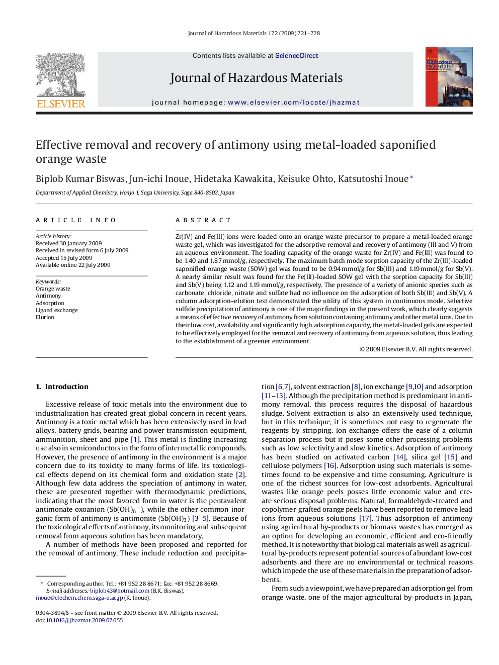 Effective removal and recovery of antimony using metal-loaded saponified orange waste