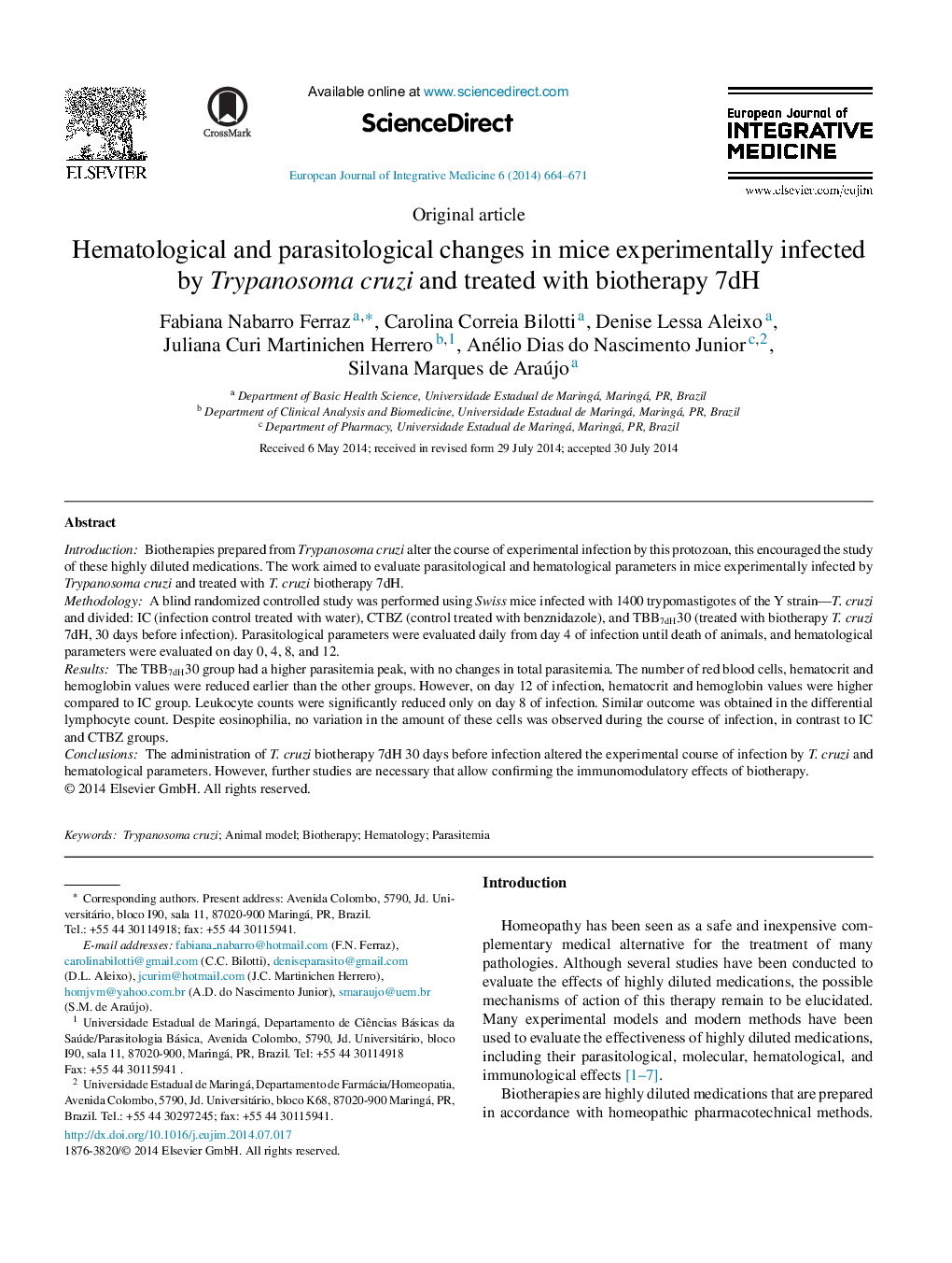 Hematological and parasitological changes in mice experimentally infected by Trypanosoma cruzi and treated with biotherapy 7dH