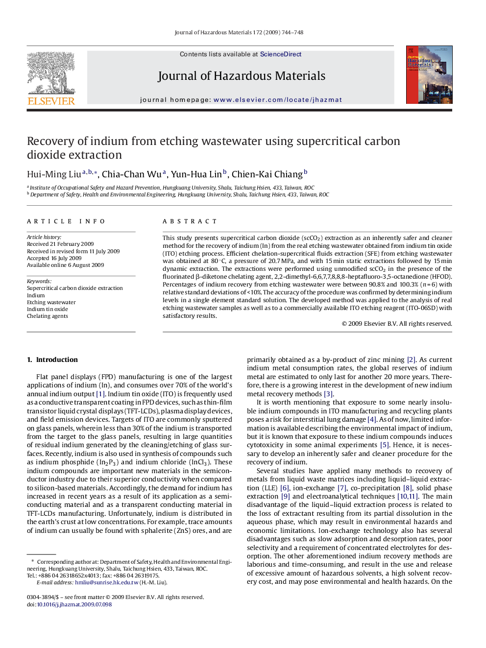 Recovery of indium from etching wastewater using supercritical carbon dioxide extraction