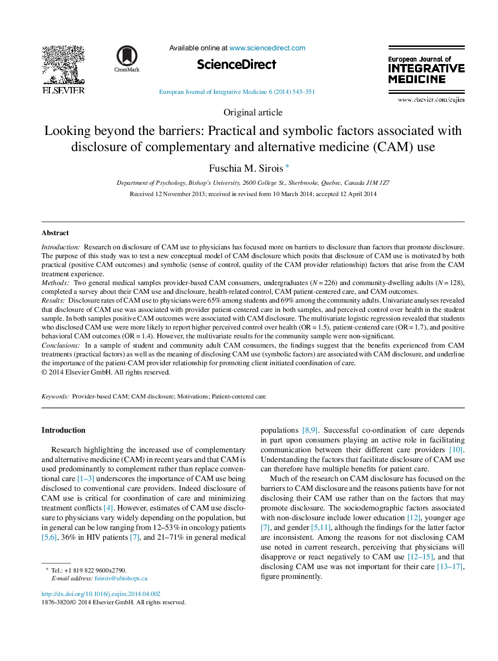 Looking beyond the barriers: Practical and symbolic factors associated with disclosure of complementary and alternative medicine (CAM) use