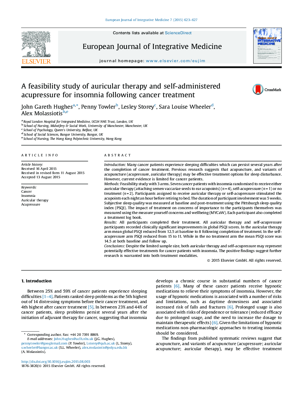 A feasibility study of auricular therapy and self-administered acupressure for insomnia following cancer treatment