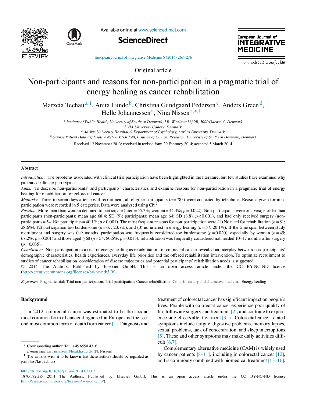 عدم شرکت کنندگان و دلایل عدم مشارکت در یک محاکمه عملی در زمینه بهبود انرژی به عنوان توانبخشی سرطان 