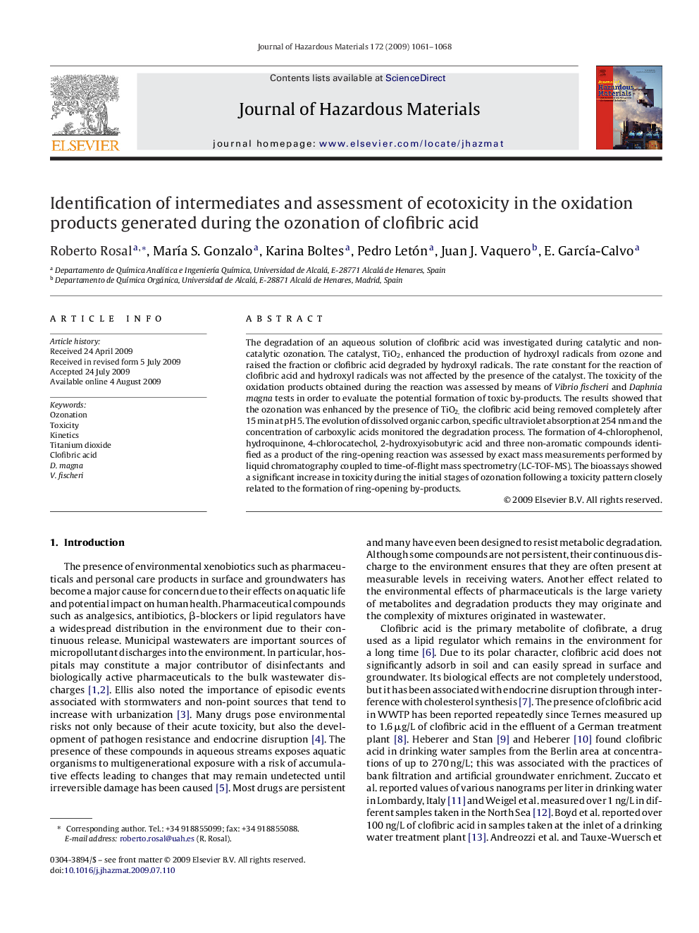 Identification of intermediates and assessment of ecotoxicity in the oxidation products generated during the ozonation of clofibric acid