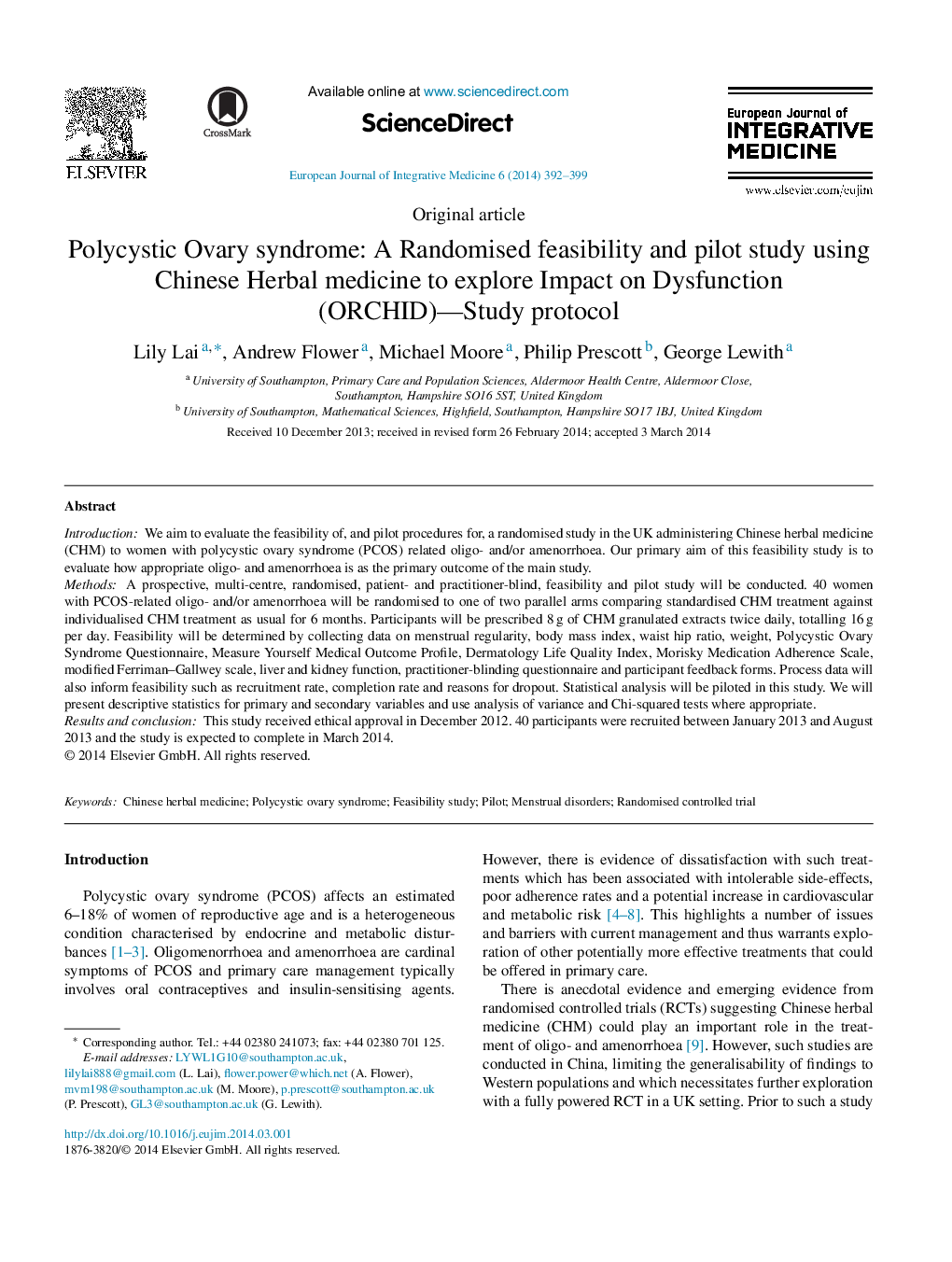 Polycystic Ovary syndrome: A Randomised feasibility and pilot study using Chinese Herbal medicine to explore Impact on Dysfunction (ORCHID)-Study protocol